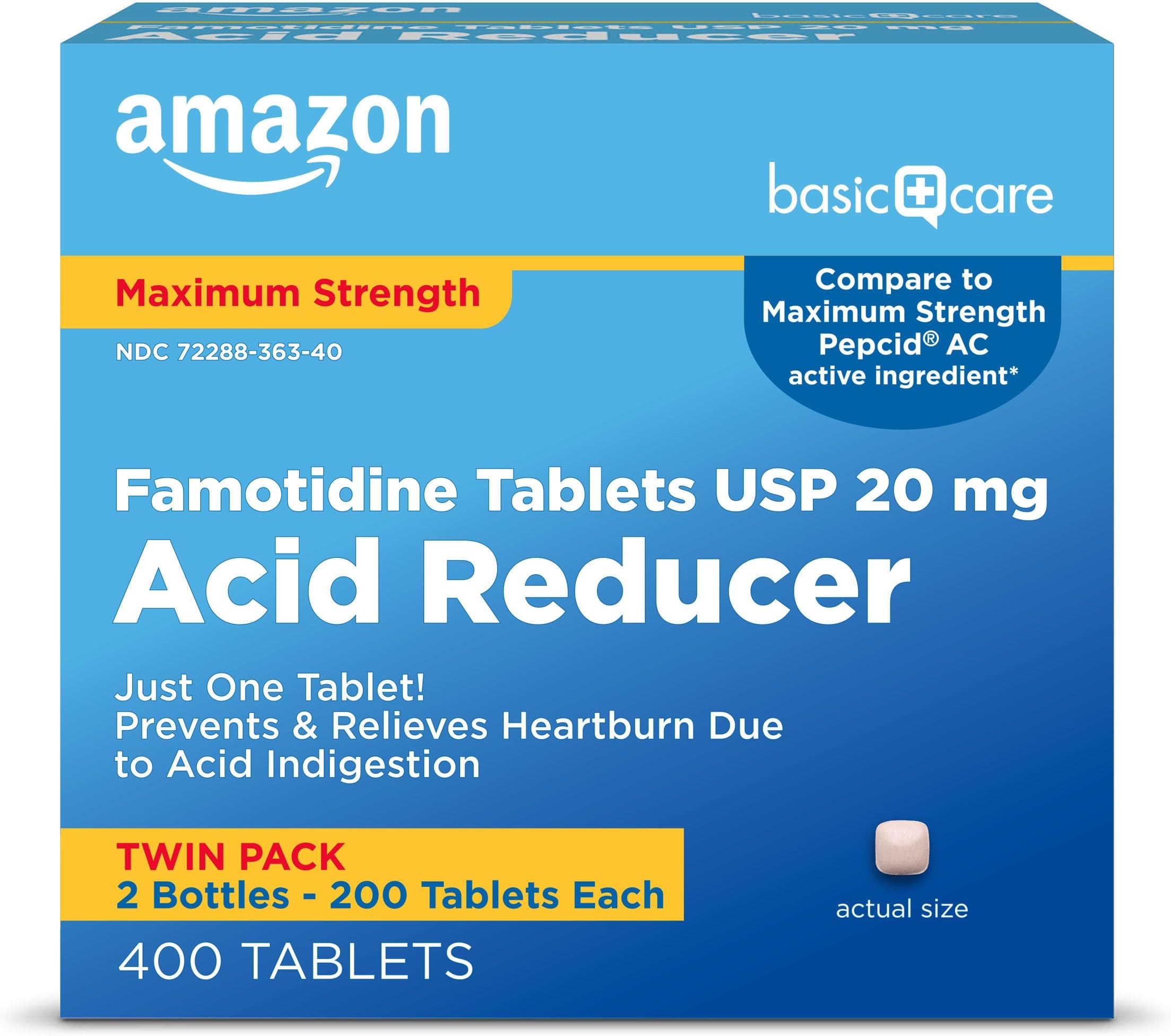 Amazon Basic Care Maximum Strength Famotidine Tablets, 20 mg, Acid Reducer for Heartburn Relief, Prevents & Relieves Heartburn, 400 Count Pack