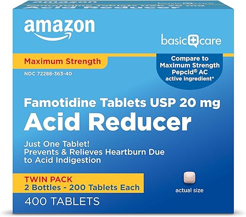 Amazon Basic Care - Comprimidos de famotidina de 20 mg, máxima concentración, reductor de ácido para alivio de la acidez estomacal, 400 unidades