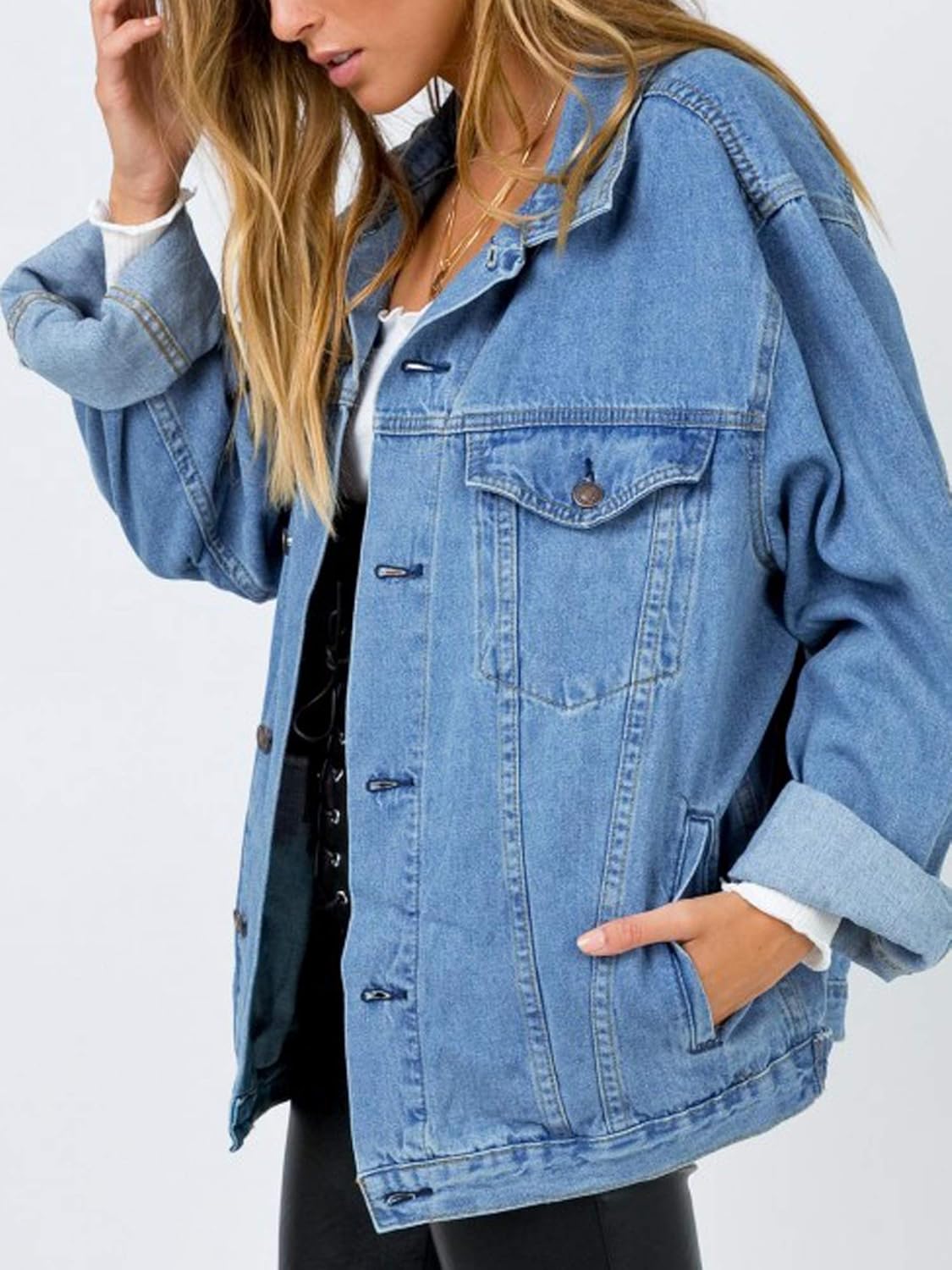 Women's Oversized Vintage Denim Jacket Long Sleeve Boyfriend Coat - Image 2