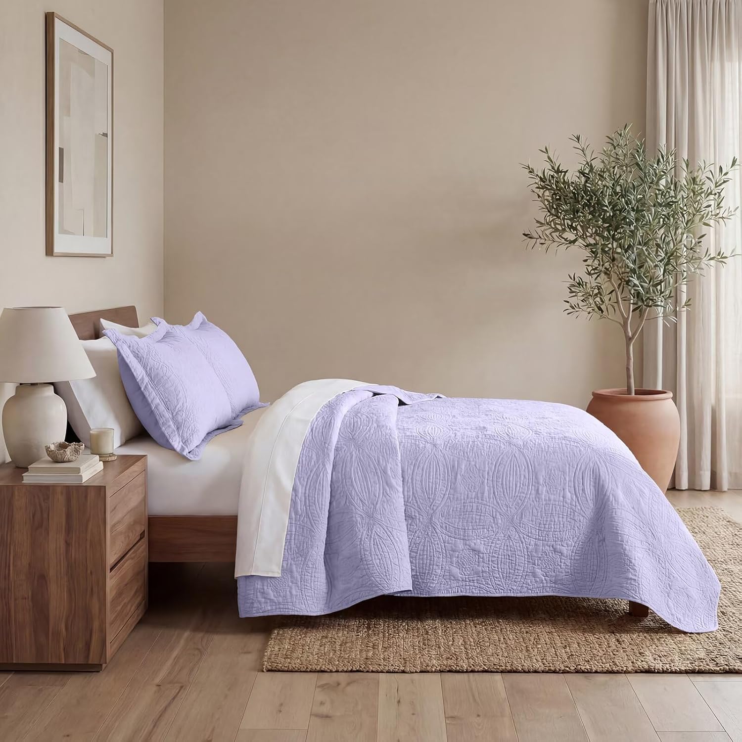 Poboton Queen Quilt Bedding Sets,Lavender Ultrasonic Lightweight Queen Size Coverlet,Coin Pattern Soft Bedspreads for All Season, (1 Quilt,2 Pillow Shams)