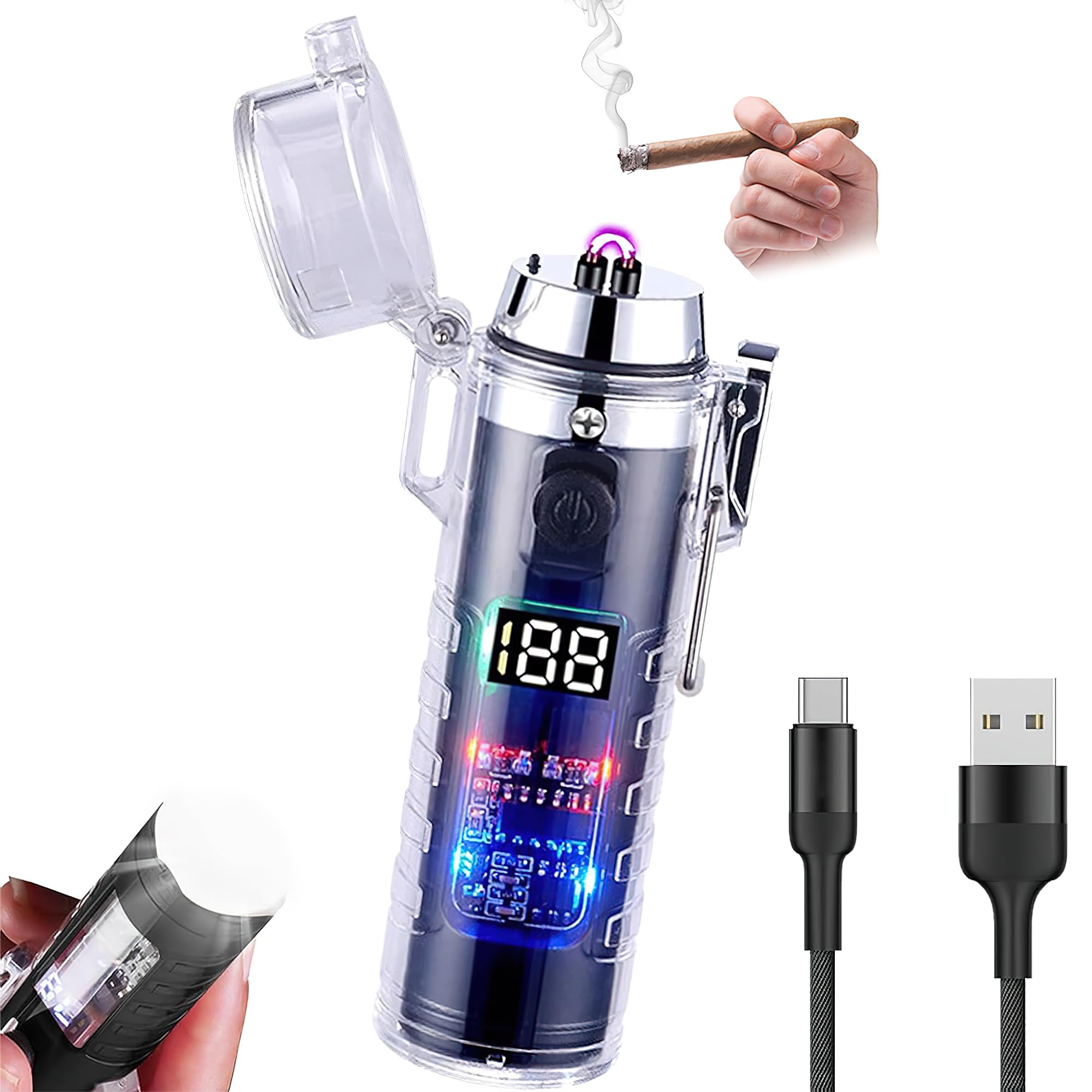 MULZI Rechargeable Arc Lighter, Dual Plasma Lighter for Smokers, Windproof  Electric Lighter with Type-C Charging, Transparent Design, Torch Flash 