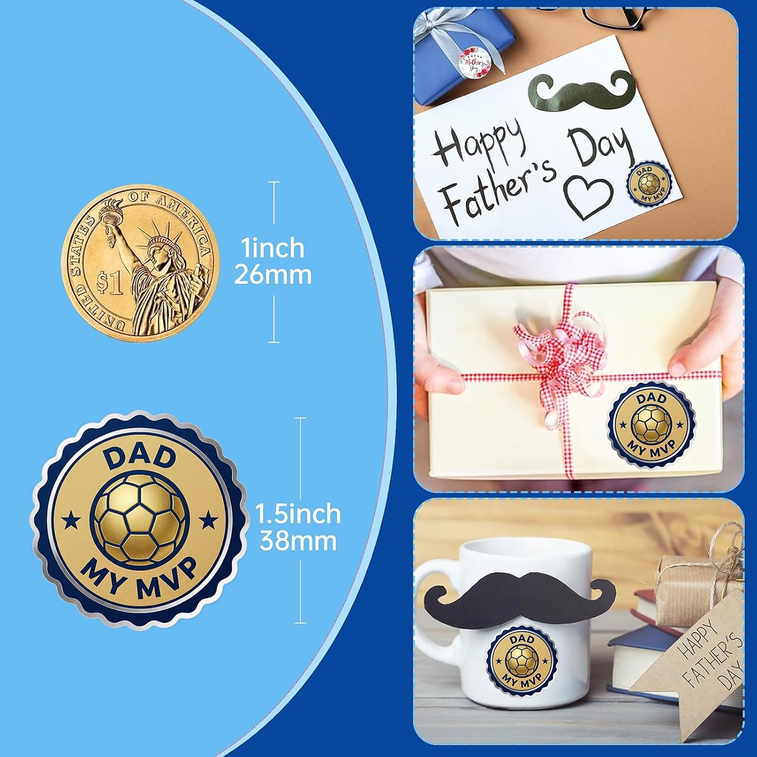 SICOHOME Dad Fathers Day Stickers - 72PCS 1.5" Funny Happy Fathers Day Gift Stickers World Cup Envelope Seals Gift Tags Labels for MVP Dad for Boxes Cards Gifts Bags Party Favors Decorations image 3