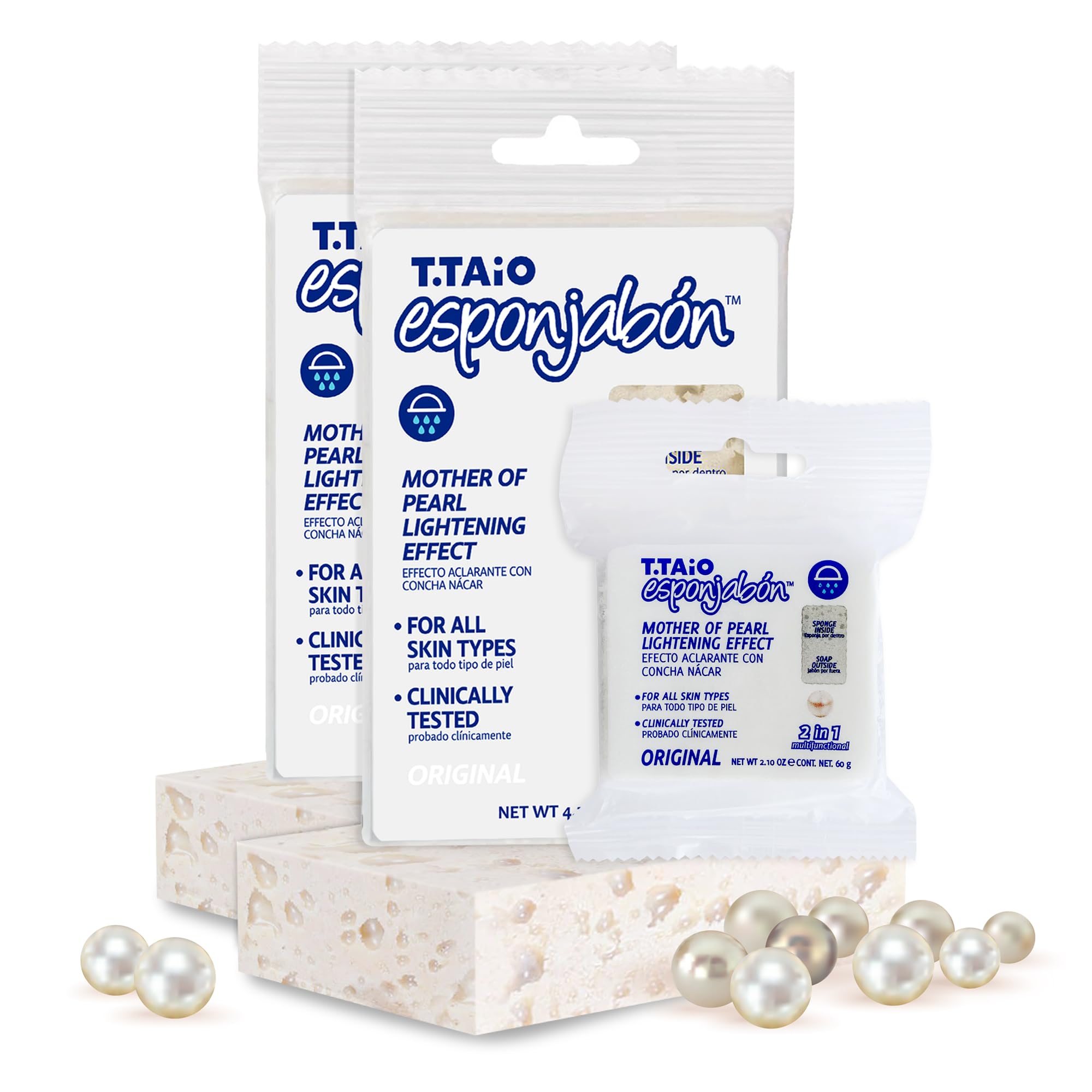 T.Taio Esponjabon Mother of Pearl Soap Sponge - Revitalizing Shower Scrubber for Bath Wash & Oil Removal - Bathroom Essentials with Fresh Scents - Pearl with Mini