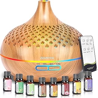 500ML Aroma Diffuser für Ätherische Öle Aromatherapie-Diffuser mit 8 Ölen, Fernbedienung, 4 Timer, 14 Farben und 2 Sprühmodi(Goldgelb)
