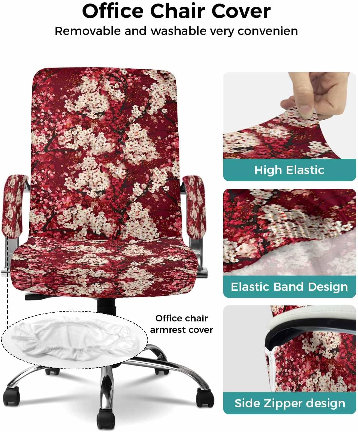 Chinese Flowers Office Chair Covers with Armrest Covers, Rotating Chair Cover, Spring Pink Botanical Blooms Flowers Armchair Slipcovers Decorative Backrest Seat Protectors, Large