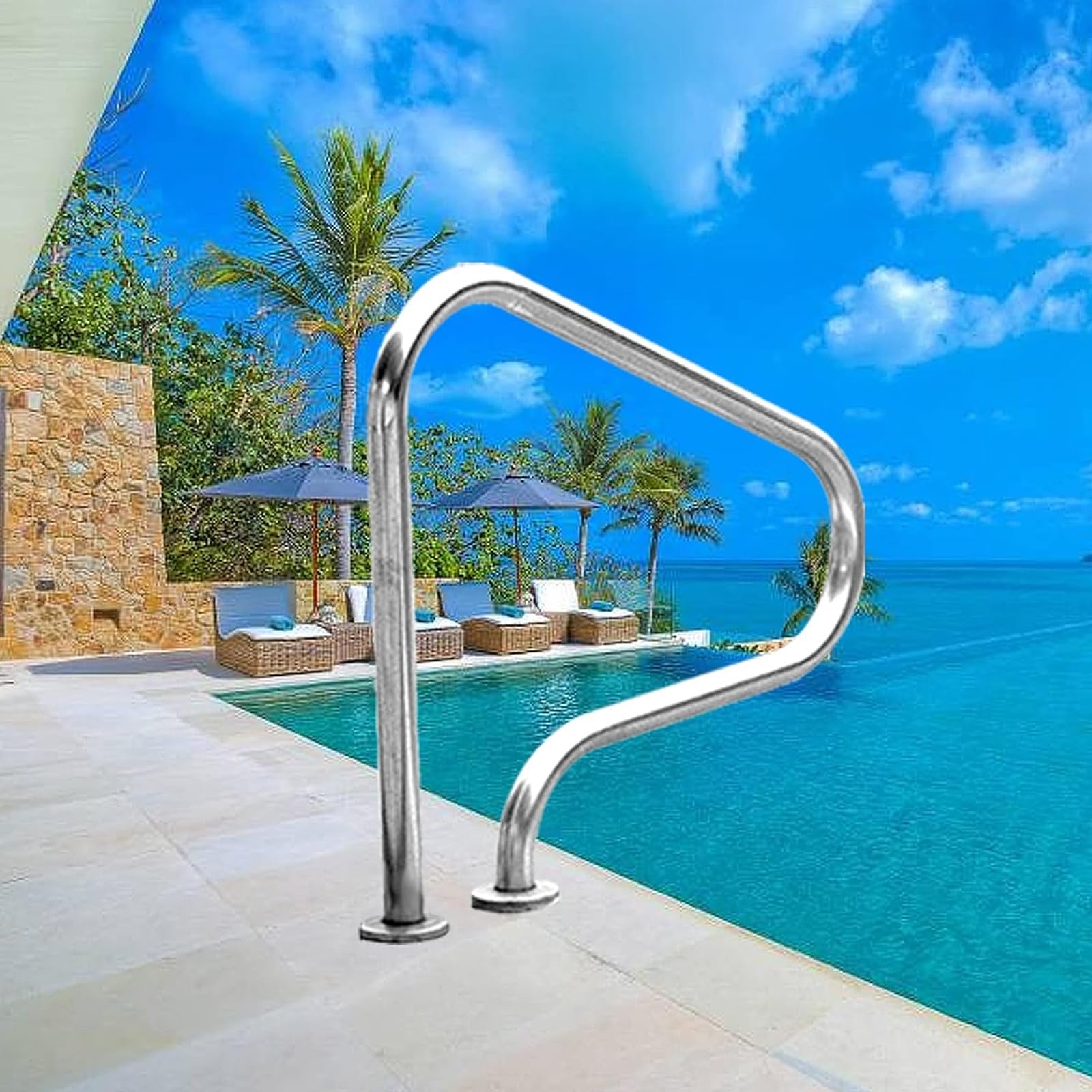 Pool Handrails Pool Handrail 304 Stainless Steel Swimming Pool Hand Rail Ladder Step Handrail for Swimming Pool, Sloped Entry, Spa, Water Park