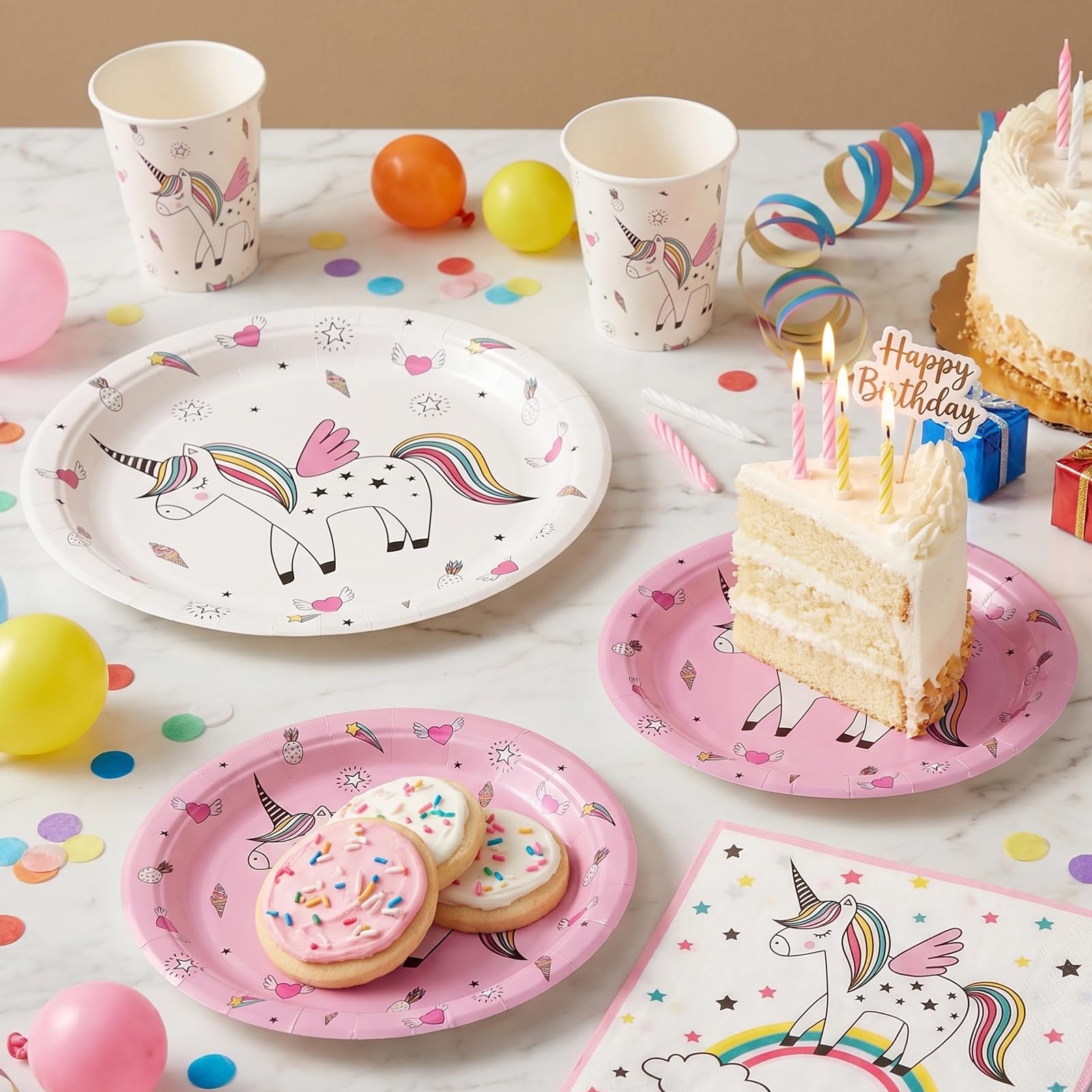 Set di stoviglie con unicorno, accessori arcobaleno, per ragazze, pacchetto con piatti da dessert, tazze, tovaglioli per 24 ospiti (96 pezzi)