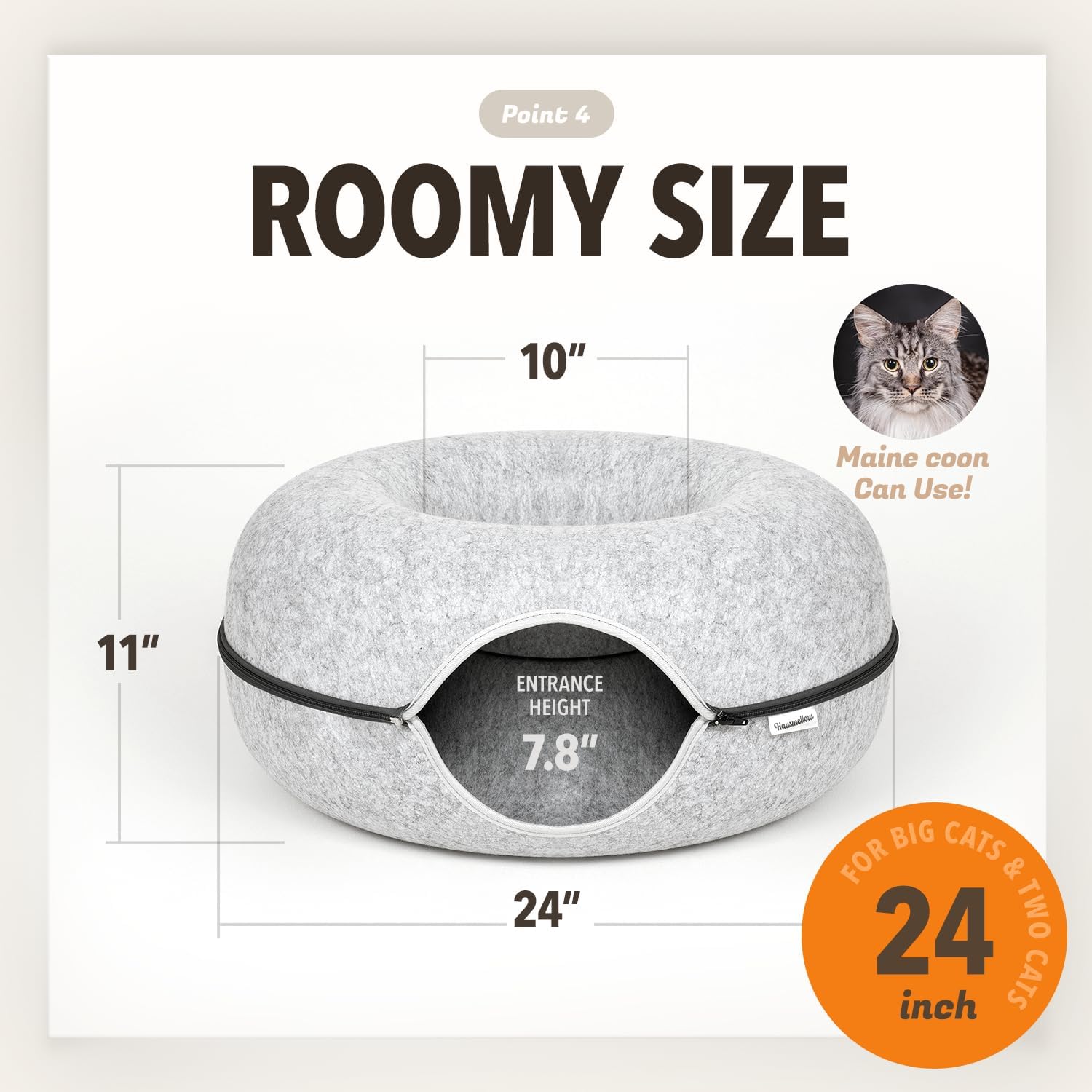 Peekaboo Cat Cave, Multifunctional Donut Tunnel Bed for Cats, Round Felt Cat Bed with Premium Zipper, Detachable Pet Hideout for Medium Large Cats up to 24 Lbs (24x24x11 Inch)