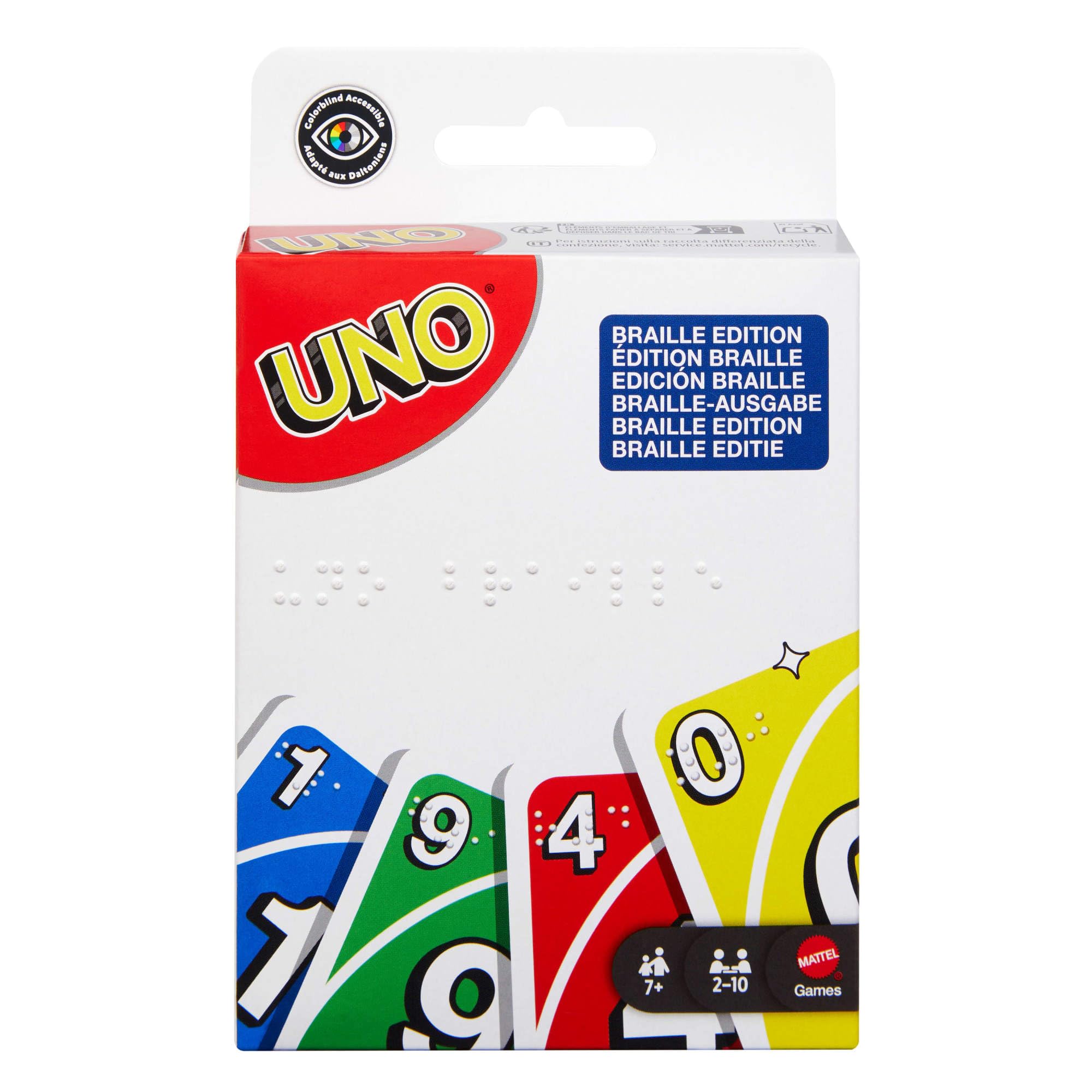 Mattel Games - UNO Braille, l'iconico gioco di carte in una versione speciale con un mazzo appositamente progettato per giocatori non vedenti o ipovedenti, 7+ anni, JMK87