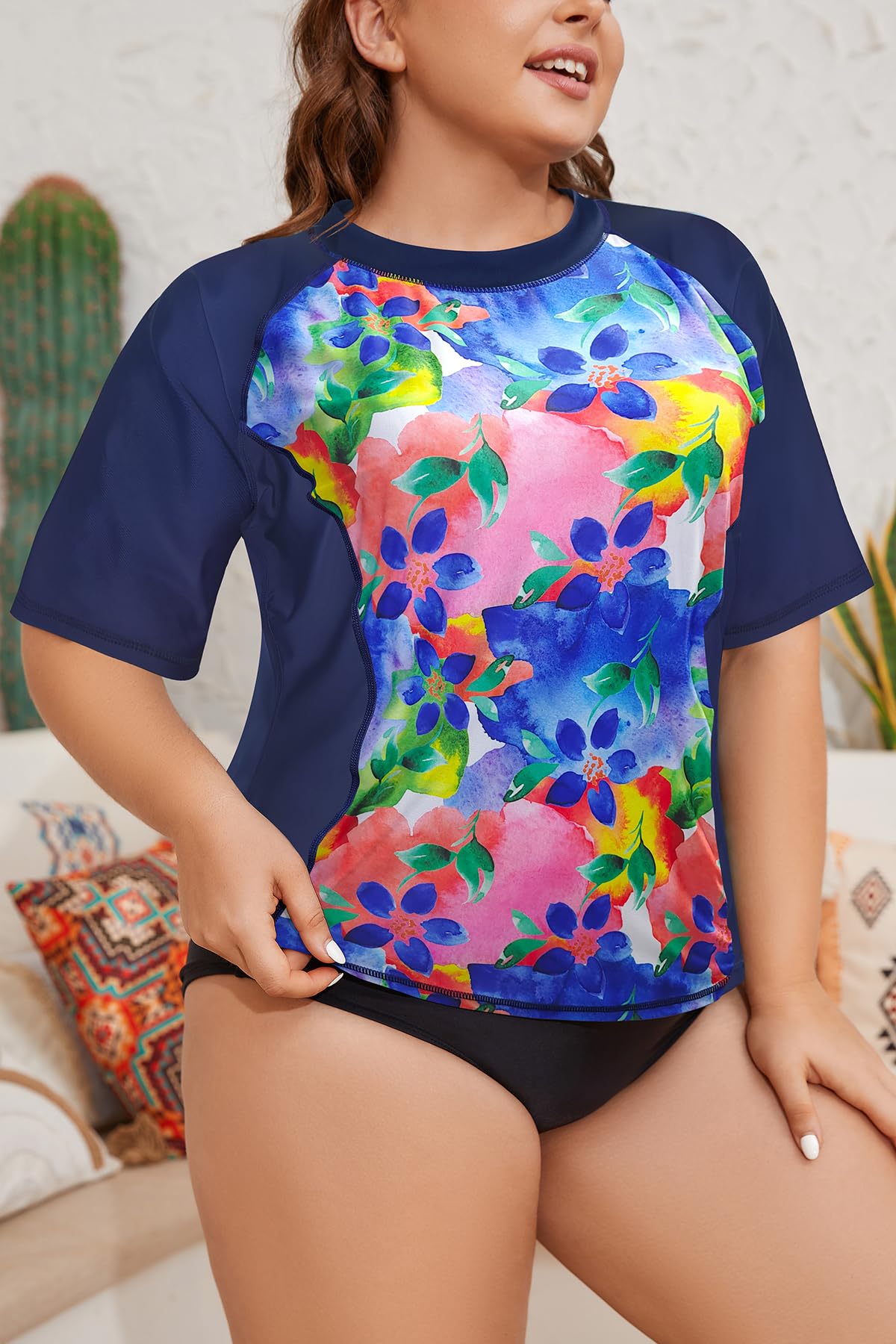 SHEKINI Camiseta de Natación con Protección Solar para Mujer Camiseta de Surf de Manga Corta Traje de Baño Superior Talla Grande