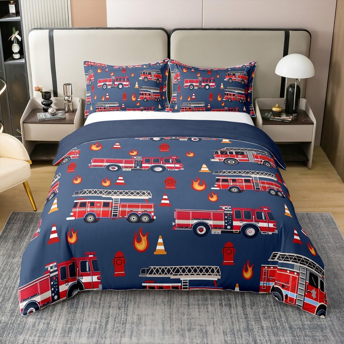 100% Cotton Fire Trucks Duvet Cover Twin Size 2 Pcs Cartoon Red Trucks Decor Bedding Set for Kids Boys Girls Teens Cartoon Fire Hydrant Flame Decor Quilt Cover,1 Pillowcase(No Comforter)