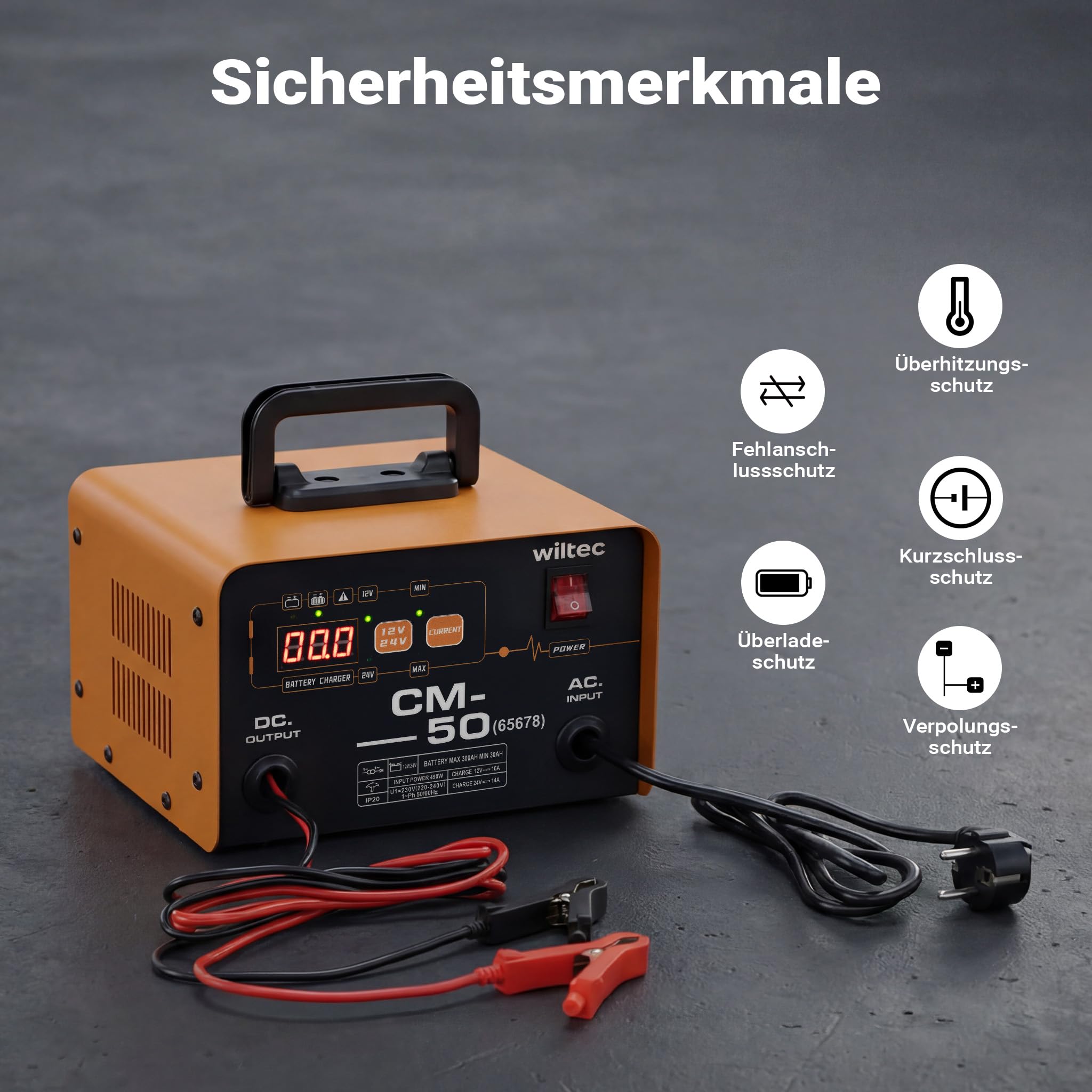 Wiltec Ladegerät 12-24 V, 16 Ah, 30-300 Ah für Autobatterie Kfz und Motorrad Starthilfe 490 W, intelligenter Lader mit LCD-Display und Tragegriff