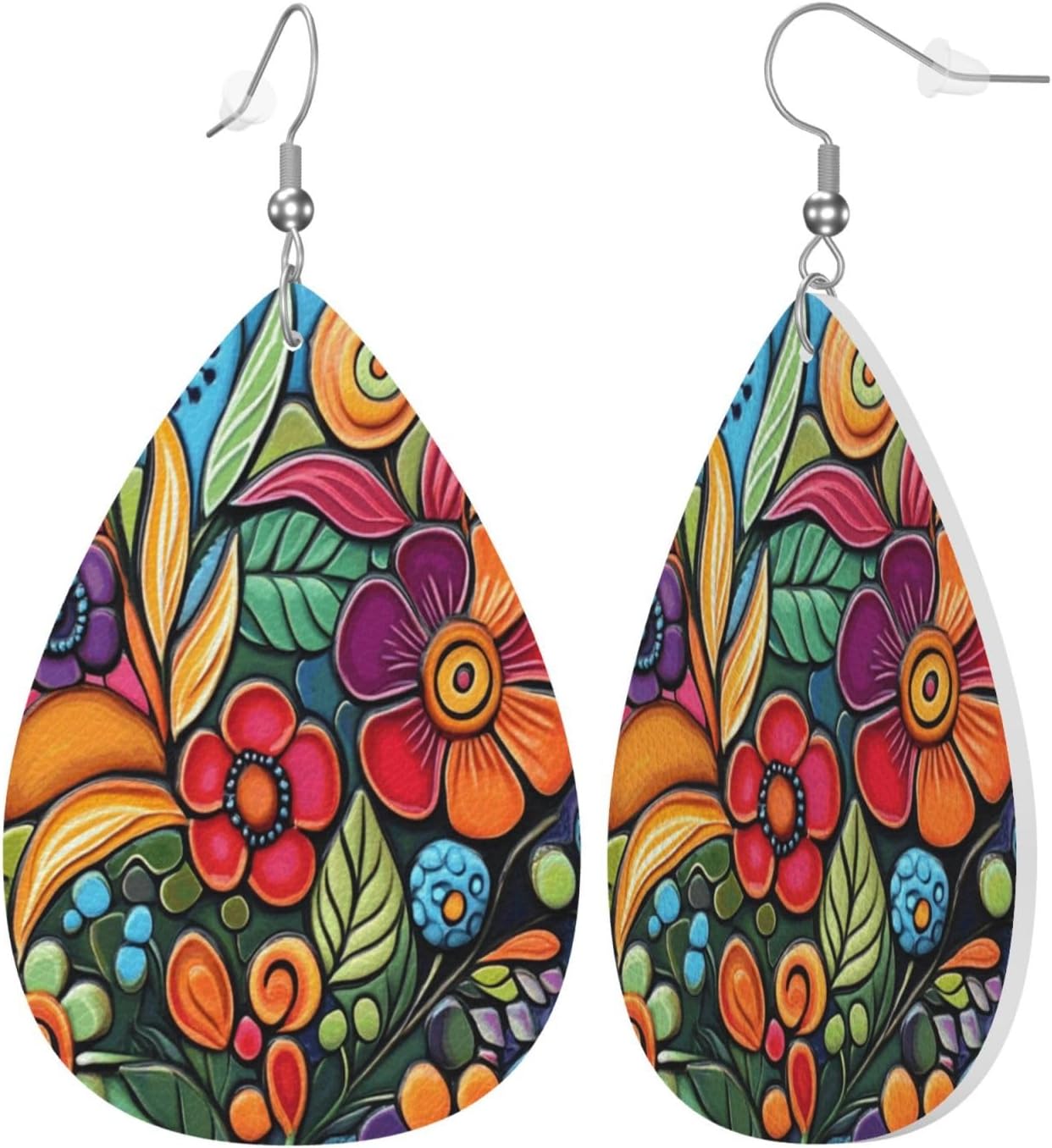 Boho Colorful Flowers Leather Earrings for Women Teardrop Earrings Lightweight Drop Dangle Earring Fashion Jewelry Birthday Gift for Her