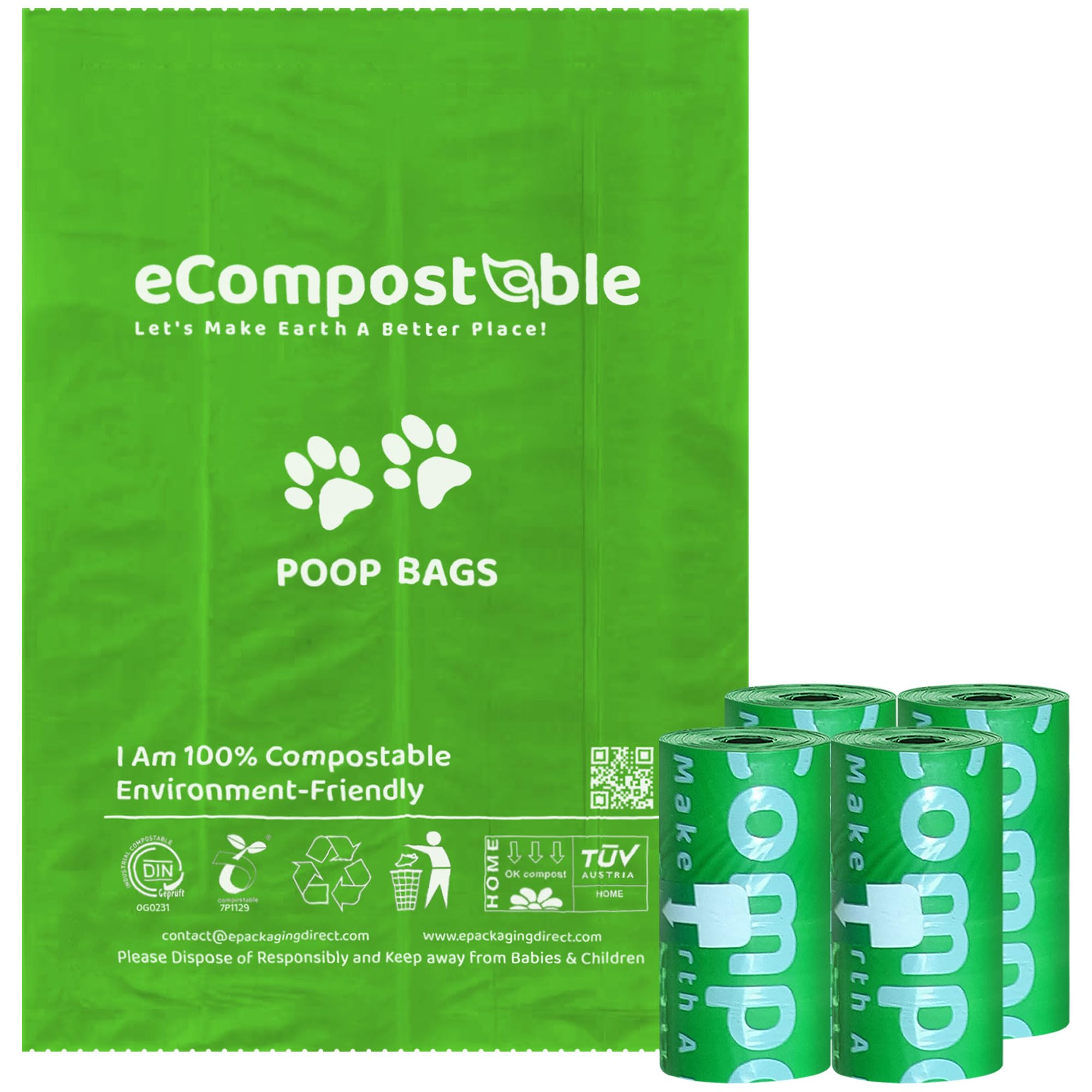 eCompostable Eco-Friendly Poop Bags Compostable Cat Poop Bags - 60 Count (4 Roll) Unscented, Leak-Proof, Compostable Waste Bags for Dogs & Cats, 23x33cm Green