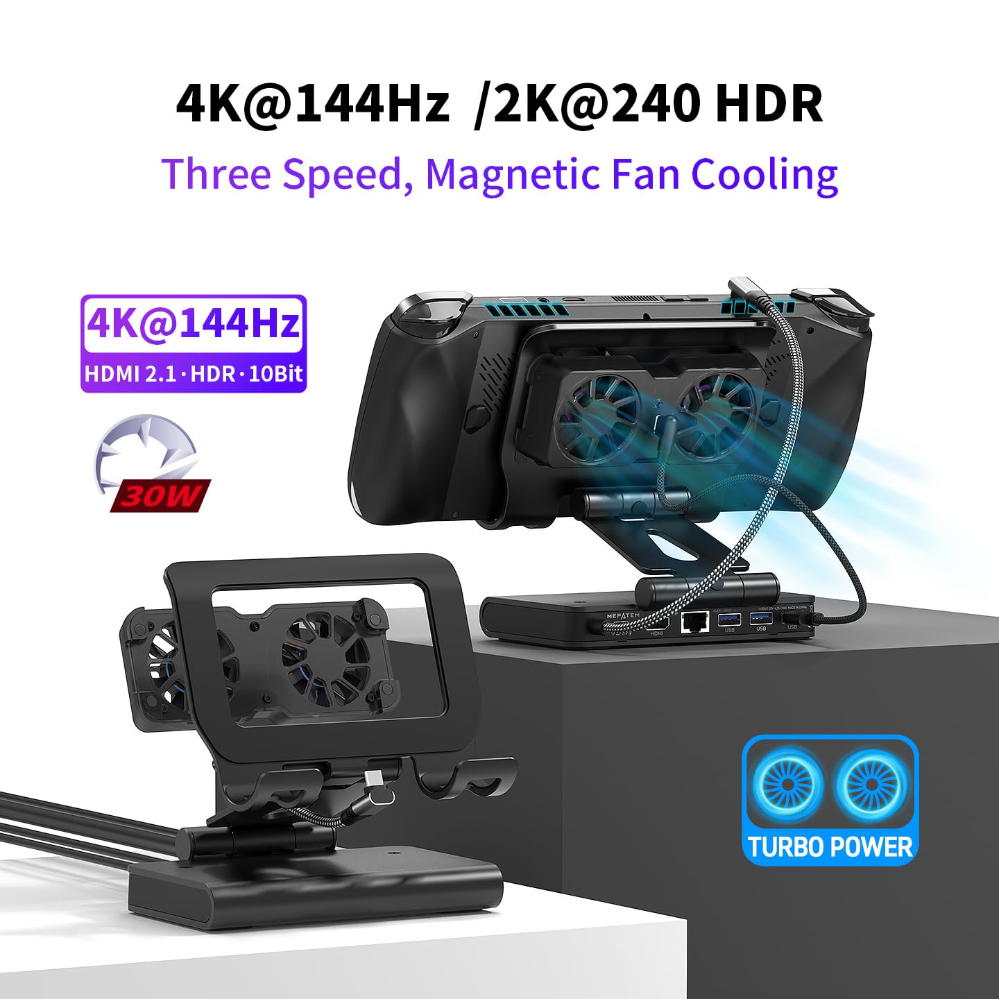 Docking Station Magnetica a Doppio Ventilatore 4K@144Hz – PD 100W e Gigabit per ROG Xbox Ally/X, ROG Ally/X, Switch 2/1, Steam Deck (OLED), Claw/Claw 8, LEGION Go e Serie OneXPlayer