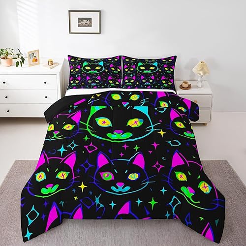 Erosebridal Juego de ropa de cama individual para niñas, ropa de cama de gatos de dibujos animados degradados para amantes de las mascotas, juegos