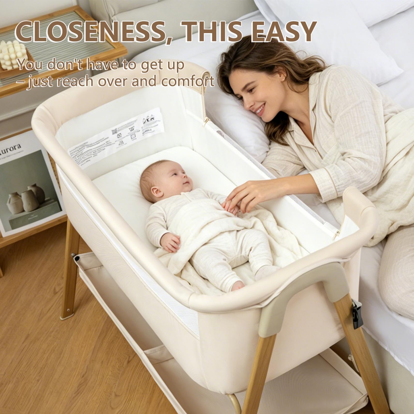 Zkiprm Culla Co-sleeping, Culla da affiancare pieghevole, Facile da montare, con Lettino rimovibile, Zanzariera, 4 Ruote bloccabili | Buona Circolazione dell'Aria | Peso max: 9 kg | 0–6 mesi（Beige）