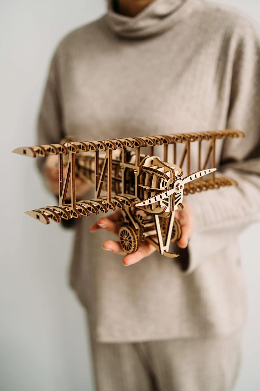 Wood Trick Bi-Plane Toy Kit, Wooden Toy Plane - Mechanical Model Plane Mini - 3D Wooden Puzzle, Assembly Model - STEM Toys for Boys and Girls - 3D Plane