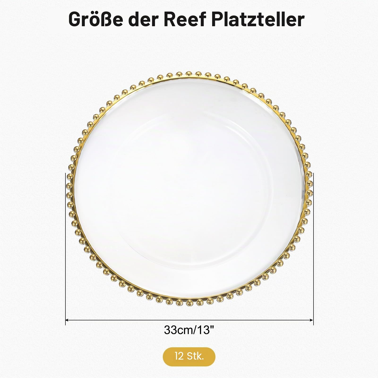 sourcing map Transparente Platzteller, 33 cm, Kunststoff, rund, mit Perlenbesatz, für Abendessen, Dessertteller, für Hochzeit, Party, Event, Tischdekoration, Gold, 12 Stück