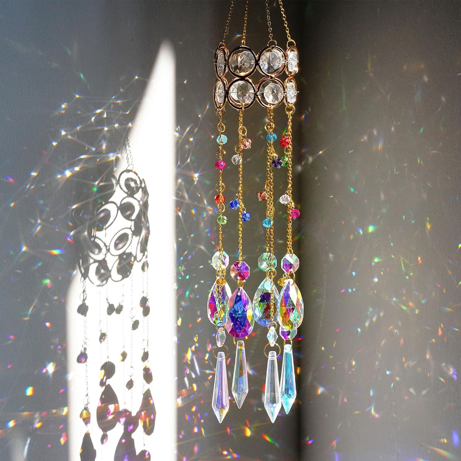 Attrape-soleil en cristal de 36,8 cm avec chaîne de perles multicolores pour décoration de fenêtre