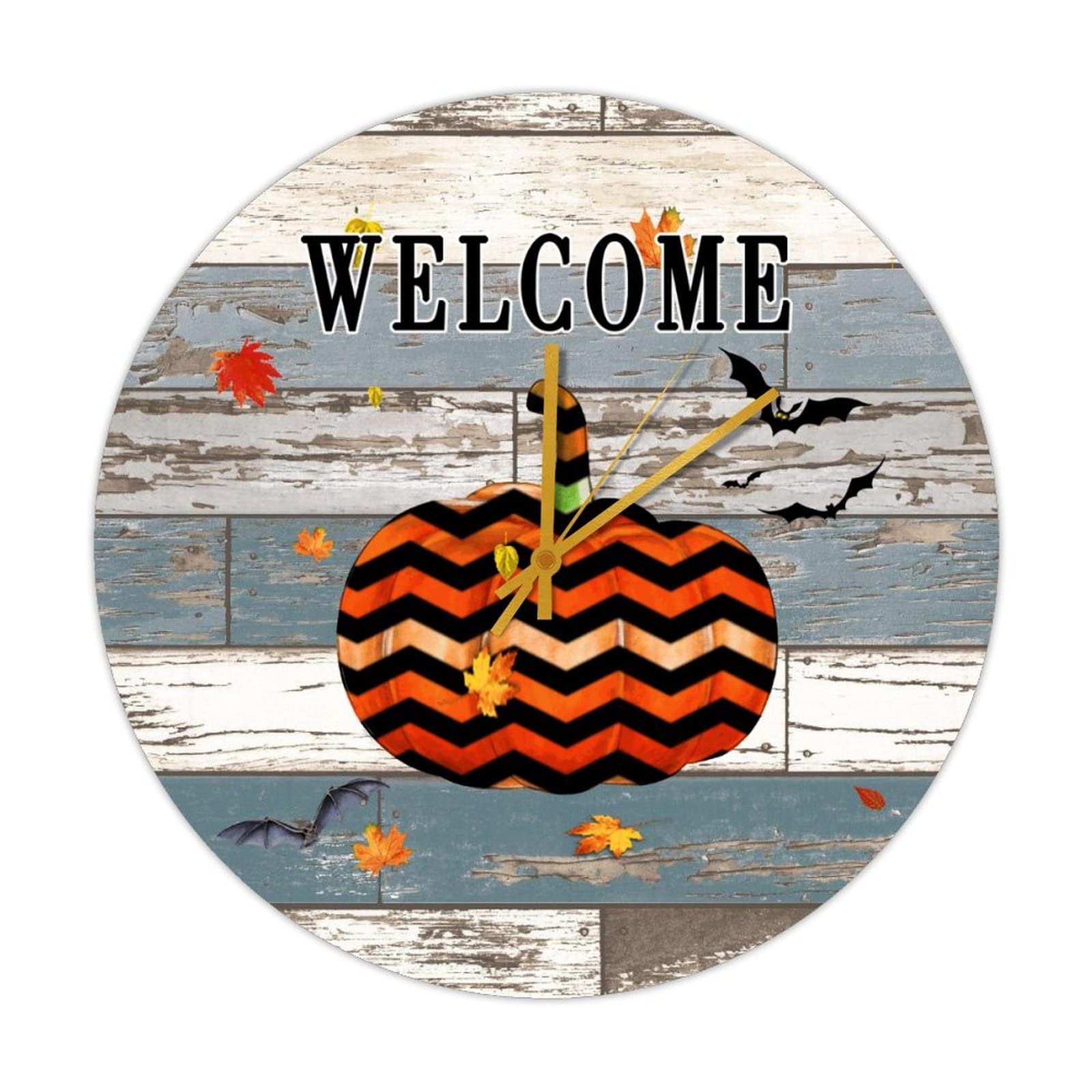 Horloge Halloween bois style rétro - Déco murale citrouille 38cm salon et cuisine