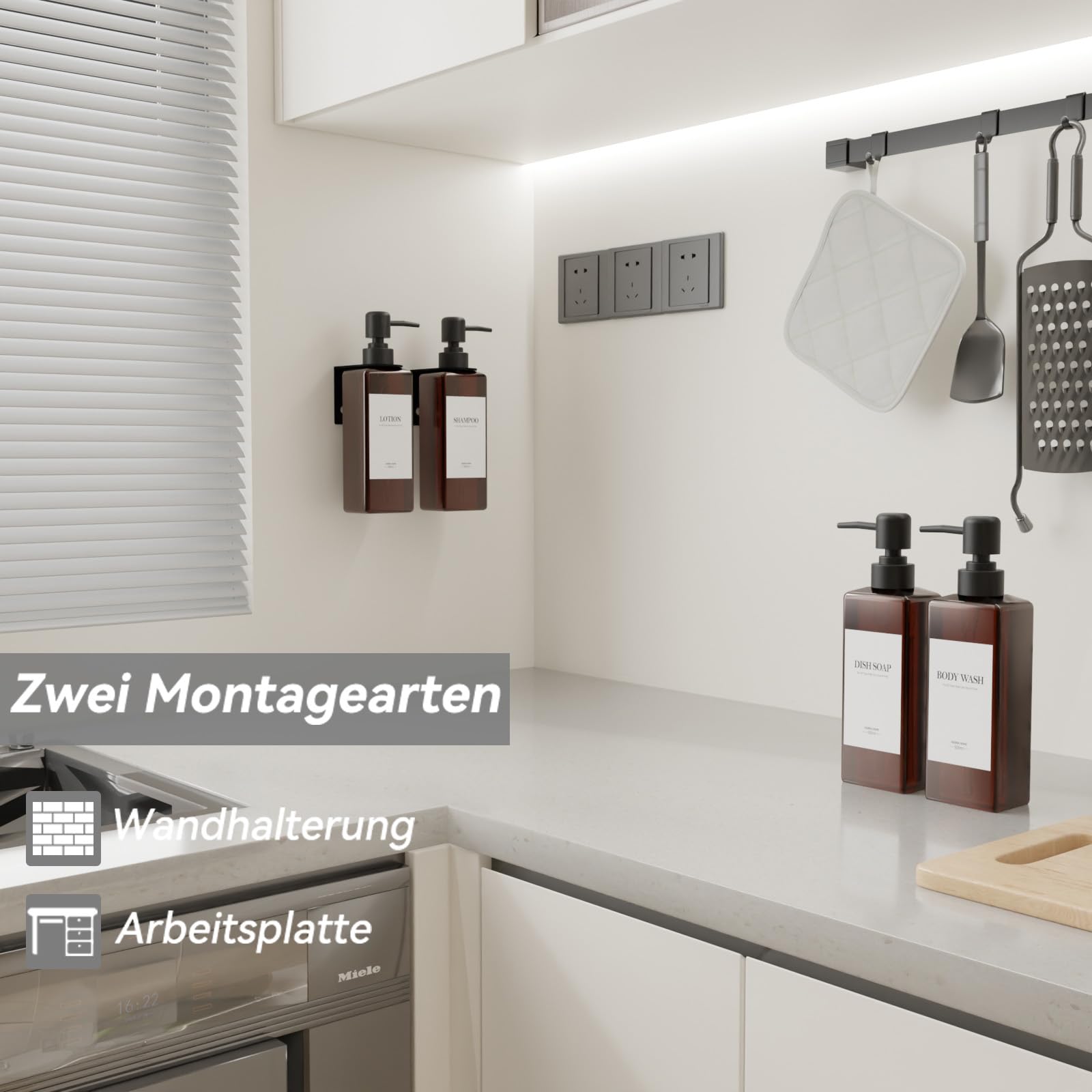 4 sztuki Dozownik mydła pod prysznic ścienny, dozownik mydła w łazience bez wiercenia 500 ml brązowy dozownik szamponu i kąpieli pod prysznic z lejkiem i trójwymiarowymi etykietami do łazienki, kuchni