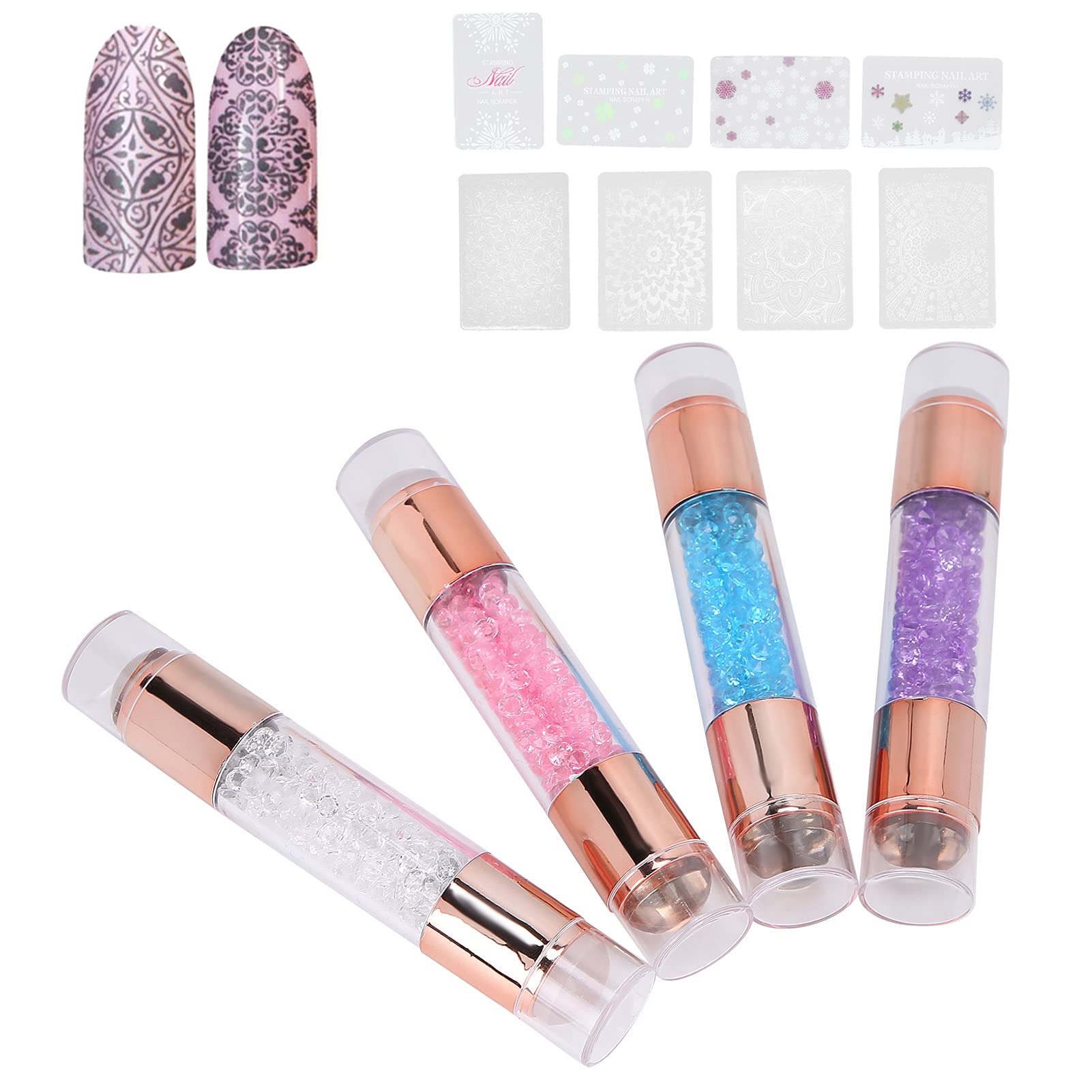 Generic Stylos Tampons en Silicone pour Manucure, Design à Double Tête, Résine de Silicone Transparente, Colorés, Adaptés à les Designs et Ongles Bleu + Rose + Transparent + Violet