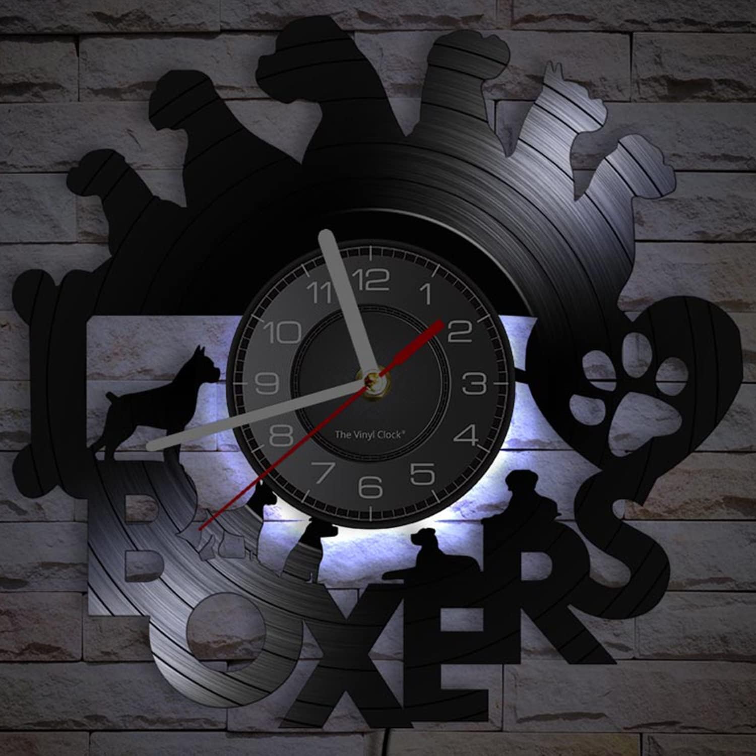 12 Inch I Love Boxes Dog LED Vinyl Record Wall Clock with 7 Colors Luminous Modes, Vintage Boxer Dog Lights Wall Clock Puppy Dog Watch for Dog Lovers Gift Kids Room Living Room Bedroom Decor