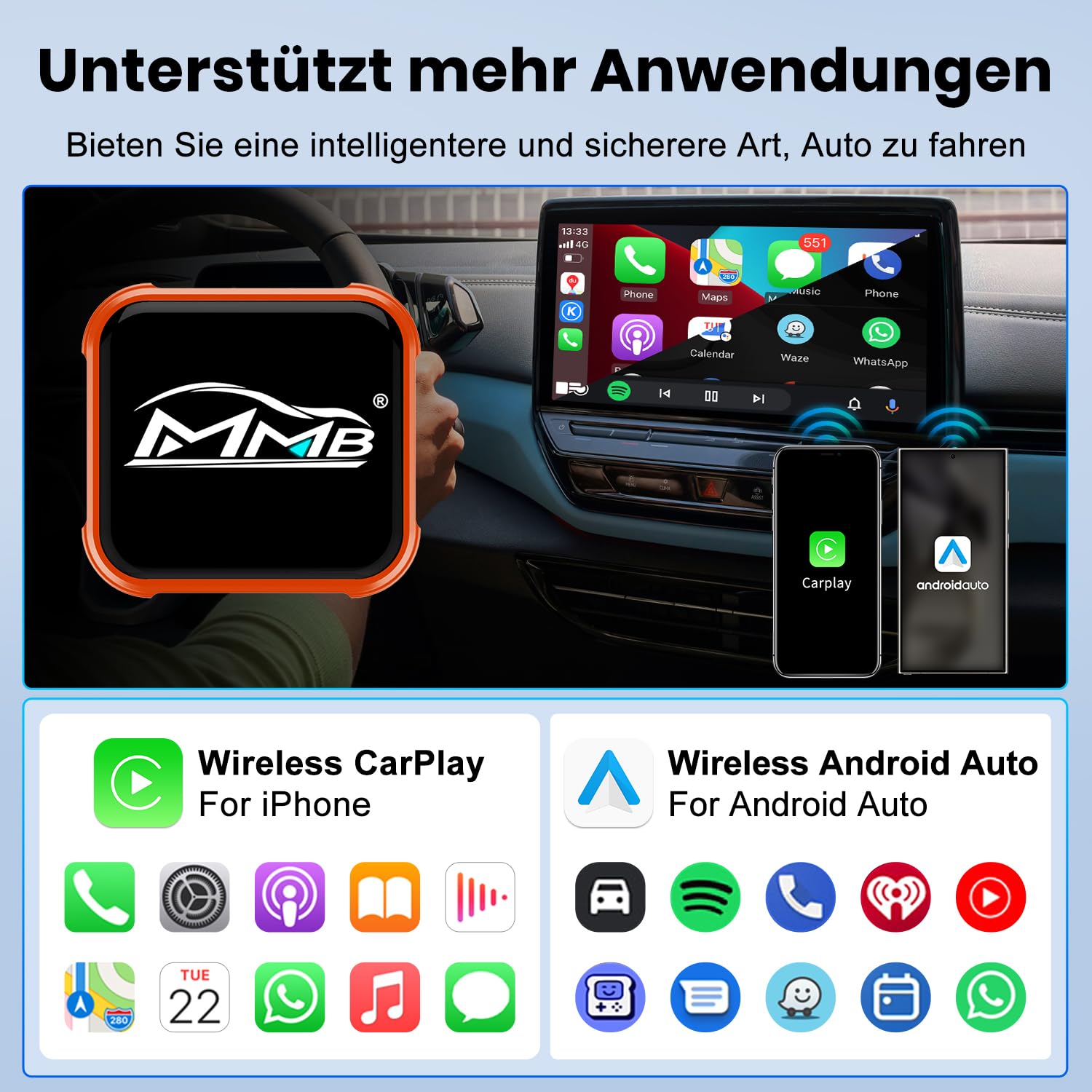 MMB Wireless CarPlay Adapter, kabelgebundenes Mühelos In kabelloses CarPlay um,Geeignet Für Fahrzeuge Mit CarPlay, kompatibel mit iPhone iOS 10+ und Android Auto, Mini & Stabiler Adapter (orange)