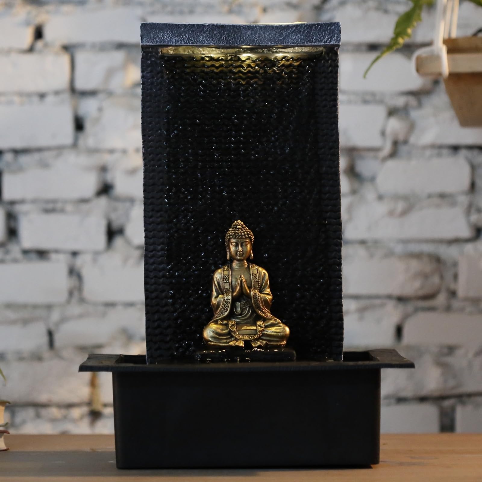 Mur d’Eau Zenitude - Fontaine d’intérieur avec Spot LED Jaune - Grande Fontaine de Table avec Statue Bouddha Amovible - Ambiance Zen pour salon, bureau, chambre - Cadeau Original - H: 40cm - Zen’Light