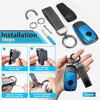 for Mercedes Key Fob Cover with Carbon Fiber Style Belt Keychain, Upgraded Soft TPU Surface Grain Key Case for New Benz Key Fob Shell (Blue, B)