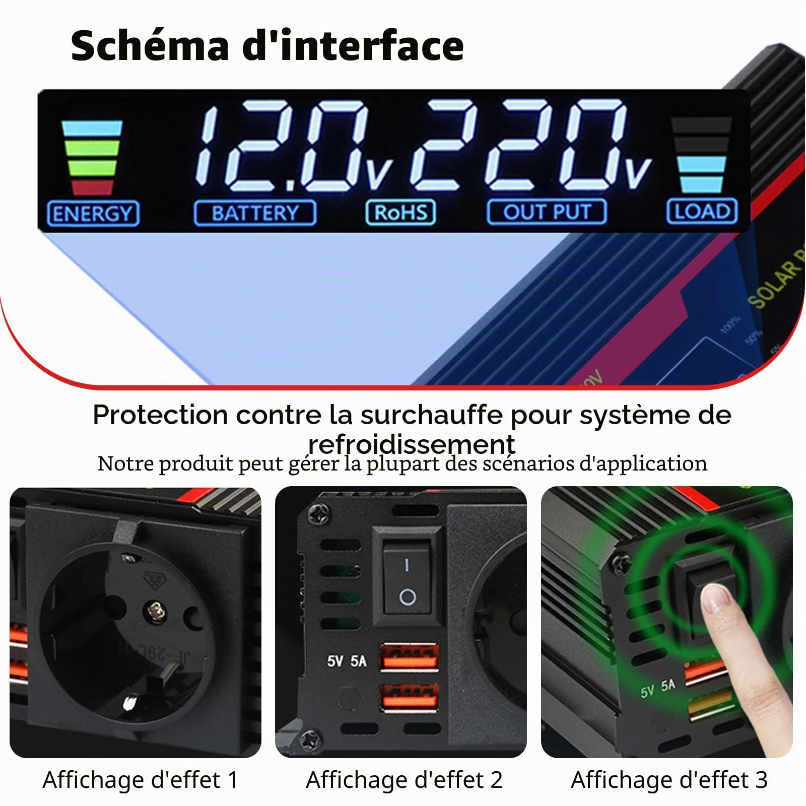Convertisseur de tension DC 12 V/24 V vers AC 230 V - Onde sinusoïdale modifiée - 2000 W - Avec prises UE - 2 USB et affichage LCD - Adaptateur pour voiture, camion, caravane, camping