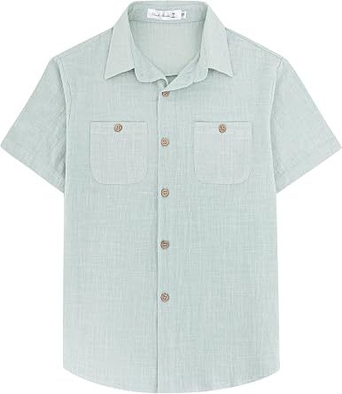 Yoimira Boys Short Sleeve Button Down Shirts Lightweight Summer Casual Cotton Woven Shirt with Pockets for Kids 6-14 Years