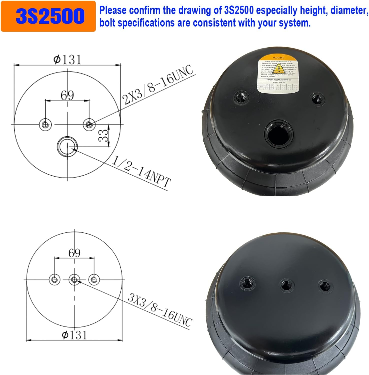 2 Pcs Triple Bellow Air Suspension Bags 2600 lbs Airbags 1/2" NPT Single Port Universal Replacement（Three Mounting Holes in Bottom）