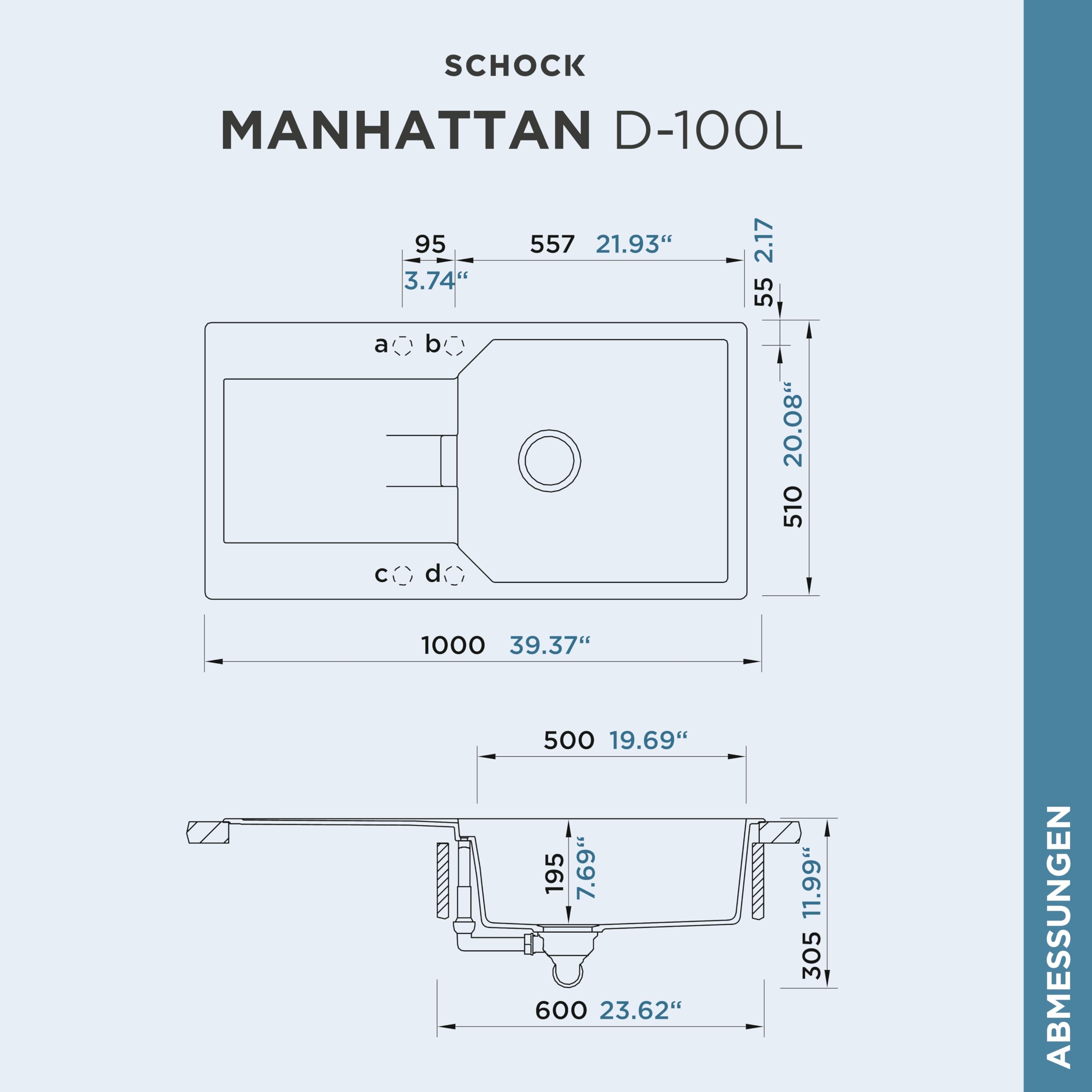 SCHOCK kompakte Küchenspüle 100 x 51 cm Manhattan D-100L Onyx - CRISTALITE dunkelgraue Granitspüle mit extra Beckenvolumen ab 60 cm Unterschrank-Breite