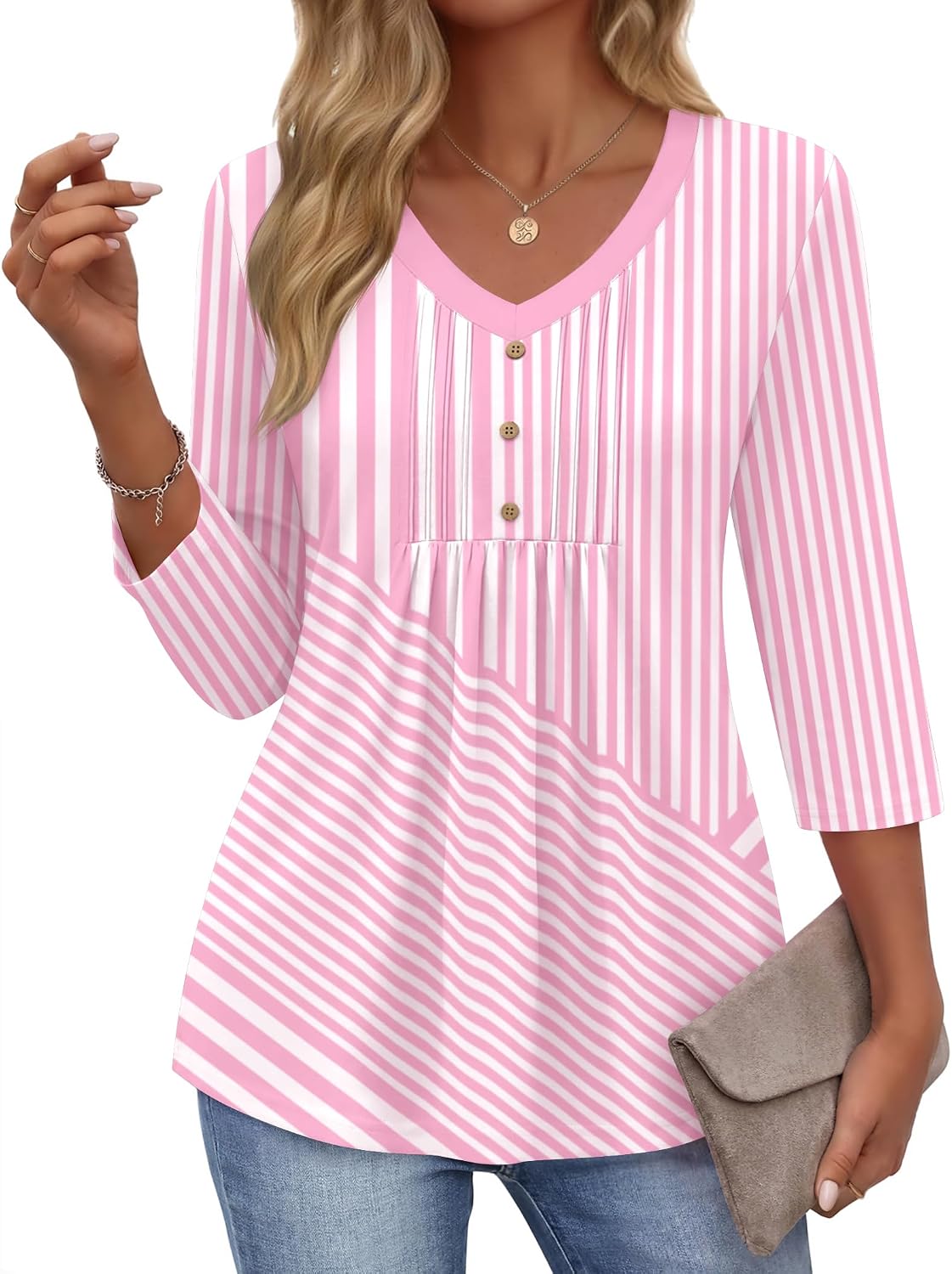 Ekouaer 3/4 Length Sleeve Womens Tops V Neck Blouses Casual Pleated Shirts image 2