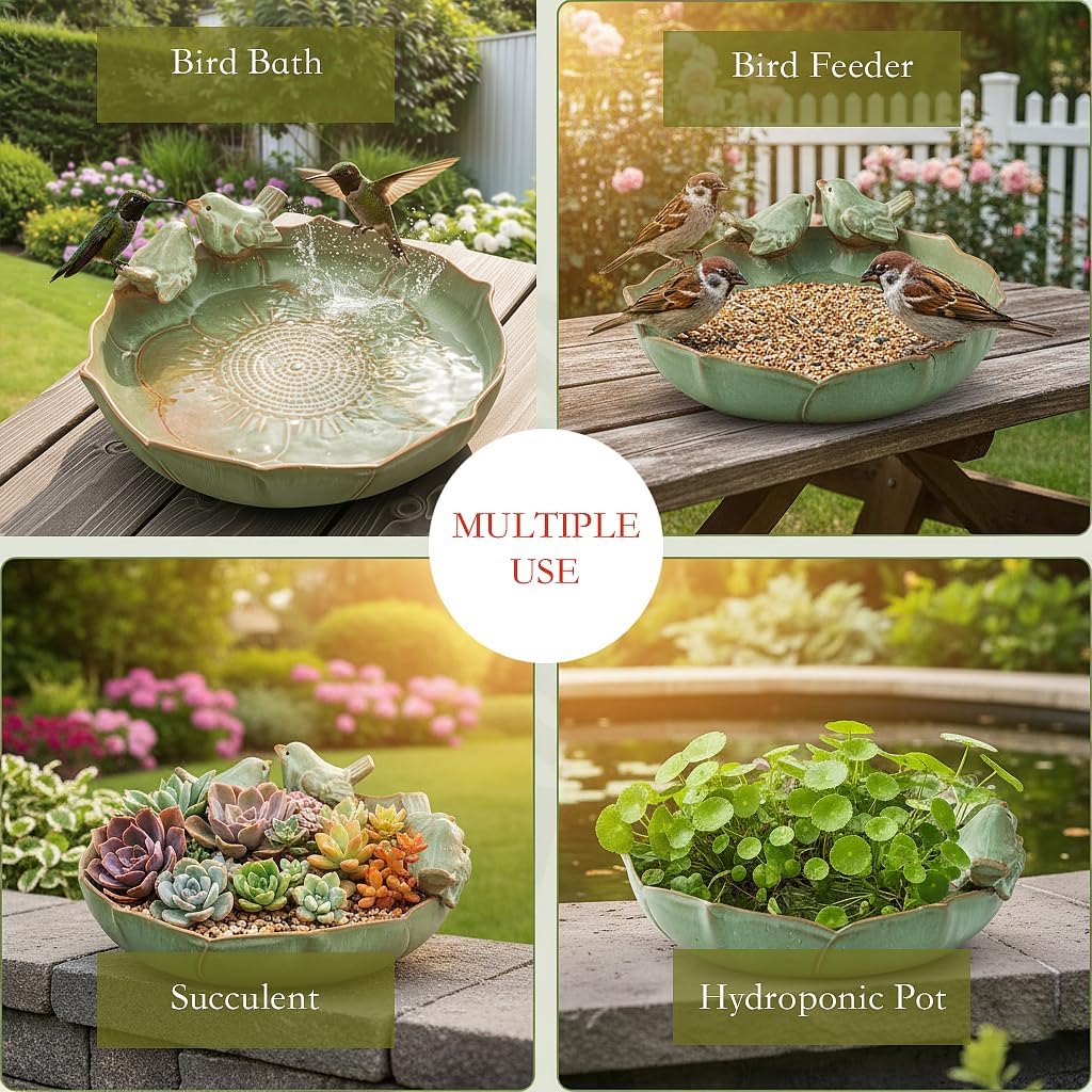Light Green Ceramic Heavy-Duty Outdoor Garden Wild Bird Bath Bowl/Feeder (Bowl Only)