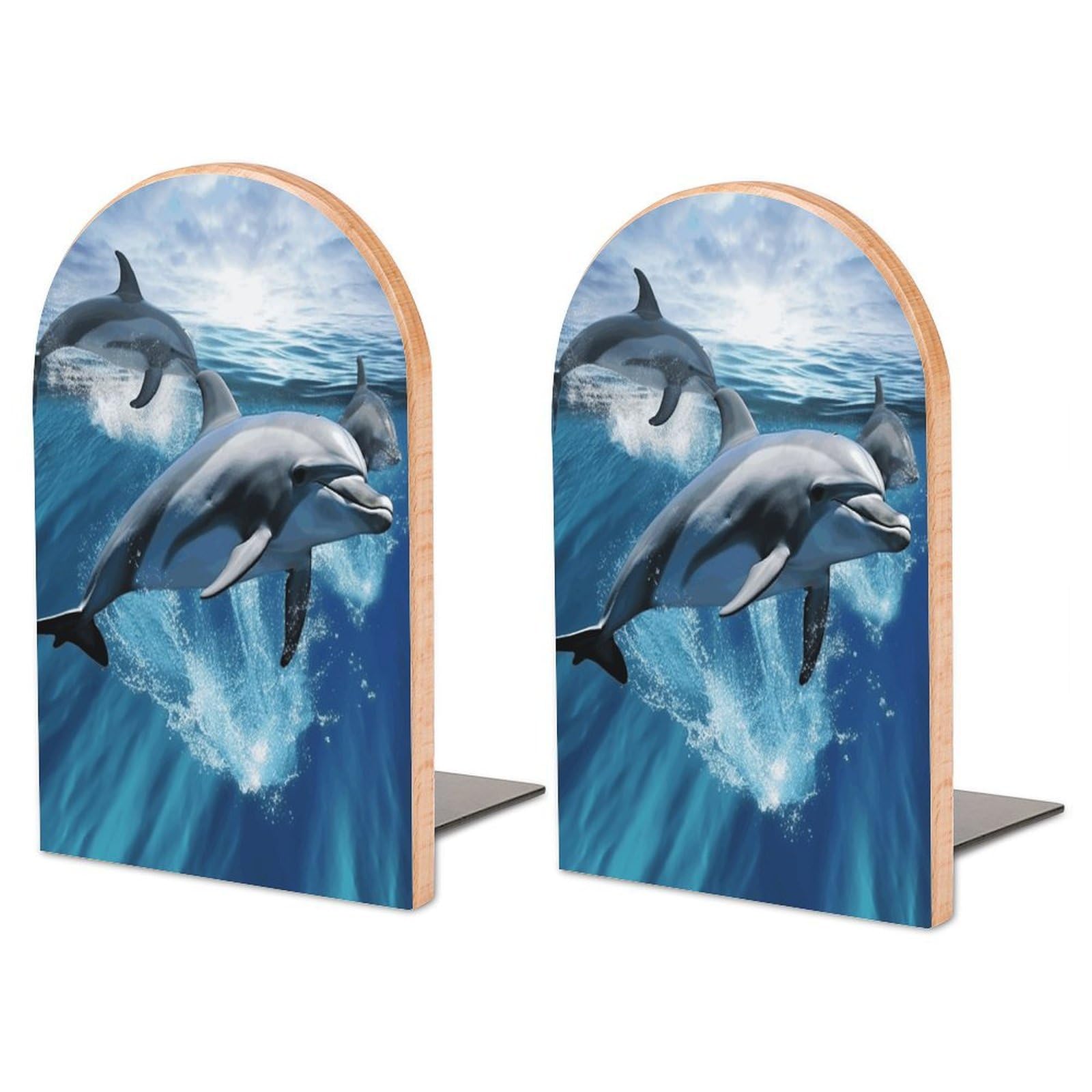 Dolphins Bookend for Shelves Non-Skid Book Holder Modern Heavy Duty Bookend Stopper Metal Base Wood Book End Books Shelf Holder Home Decorative 1pair 6.7x3.9x4.7