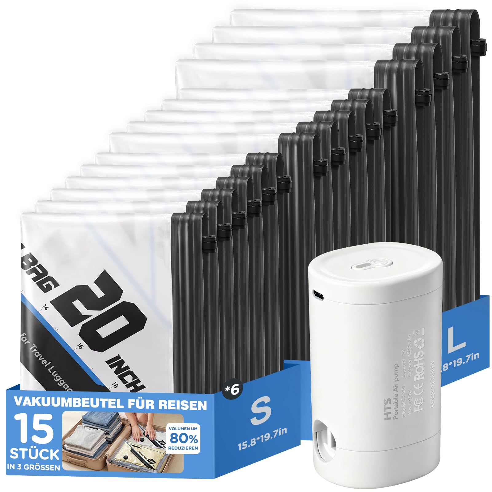 Vakuumbeutel für Kleidung Reise, Vakumierergerät Beutel Kleidung, Vacuum Bags, Vakuumbeutel mit kabelloser Pumpe – 15 Stück (6x40x50cm, 5x40x60cm, 4x50x70cm) PE+PA Luftdicht, Ideal für Heim & Reise