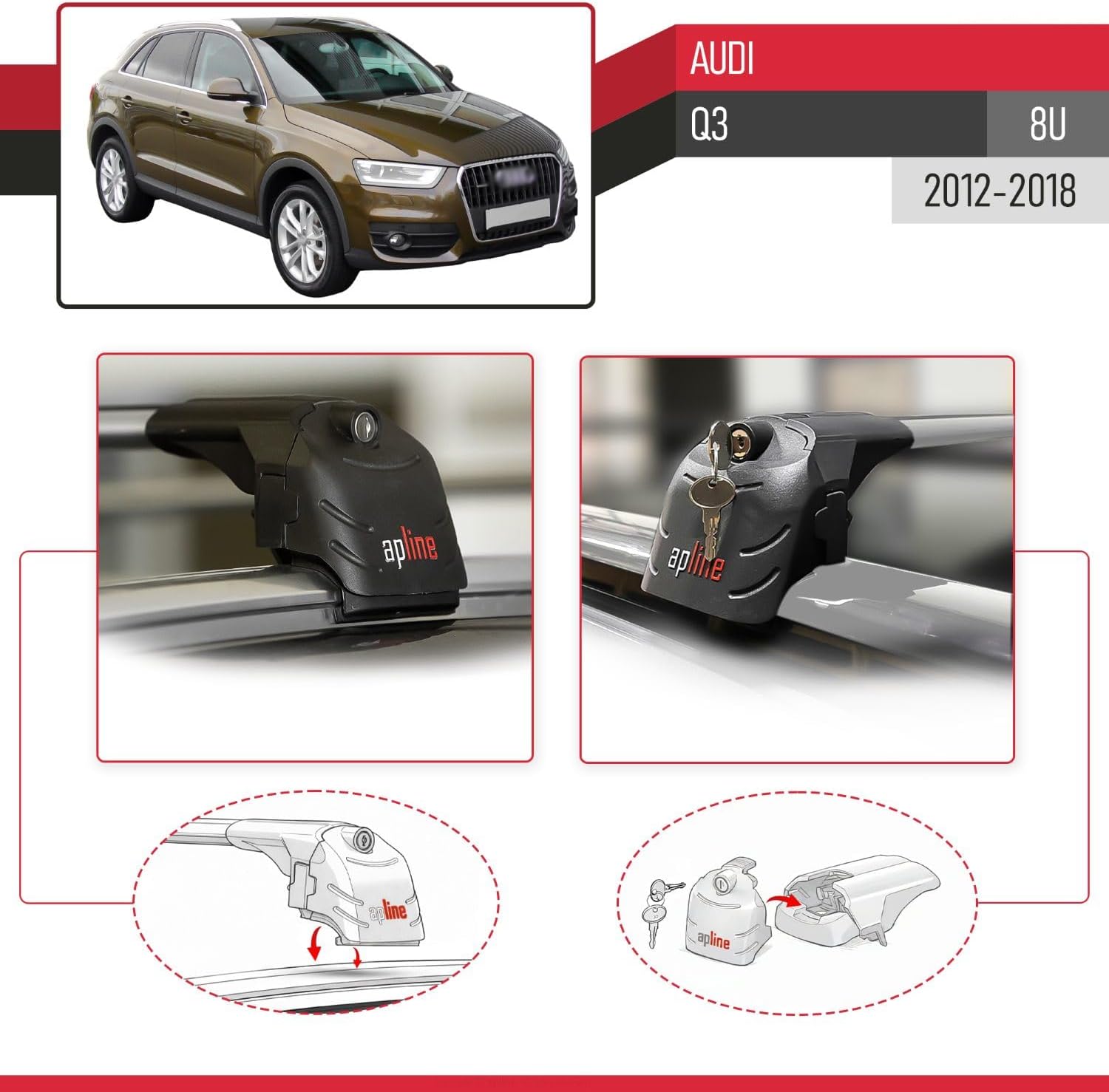 Compatible with Audi Q3 (8U) 2012-2018 ACE-2 Type Car Roof Rack Cross Bar Grey Aluminium Bars