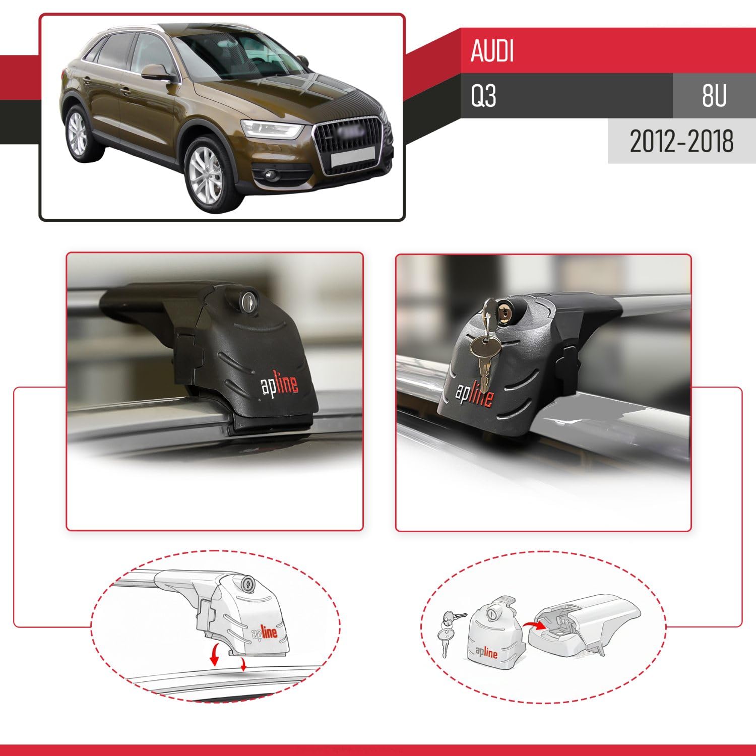 Compatible con Audi Q3 (8U) 2012-2018 Modelo Ace-2 Barra de Techo Auto Portaequipajes Barras Transversales Gris Aluminio 2 Barras
