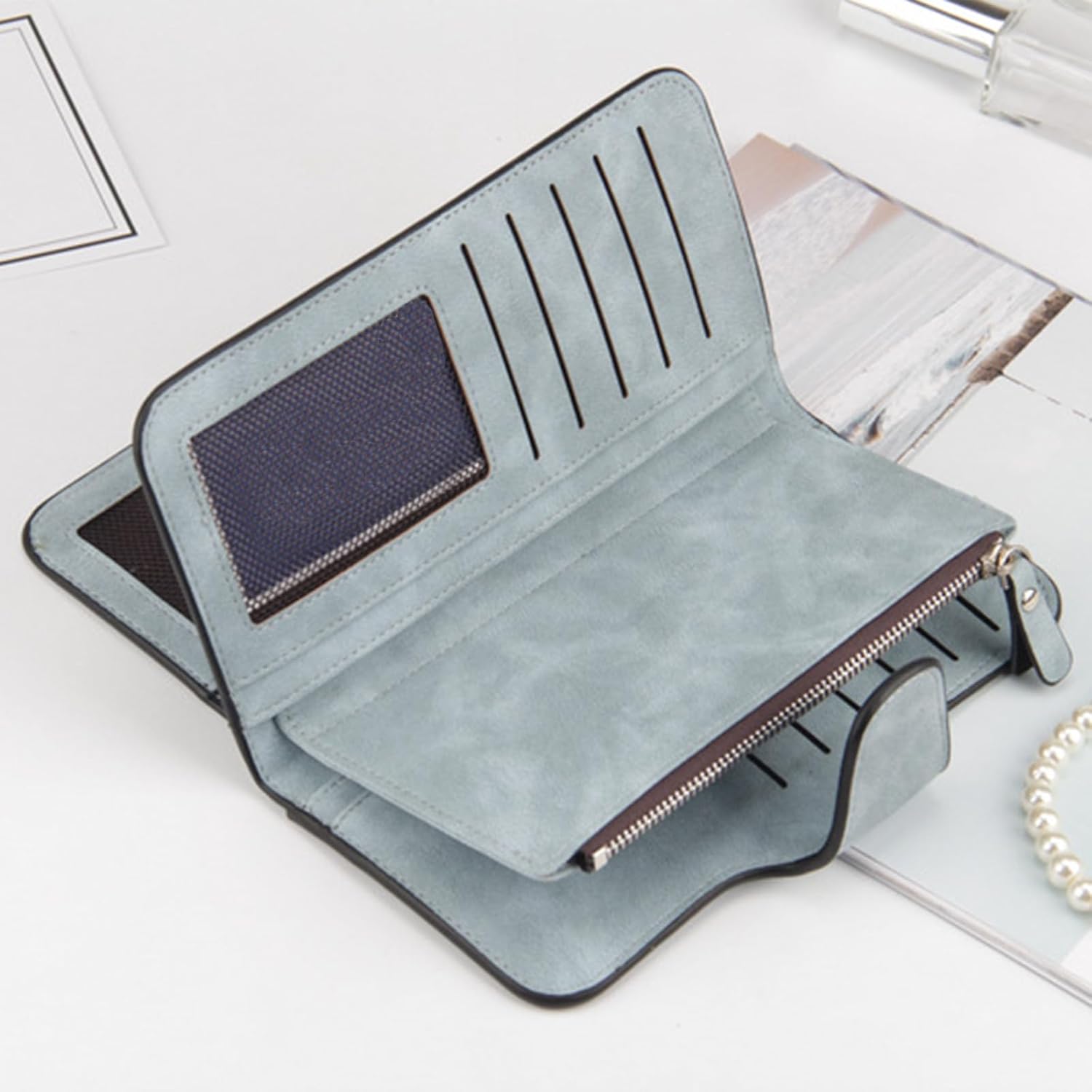 Slim Wallet for Women Trifold Long Leather Clutch Credit Card Holder (Blue) image 3