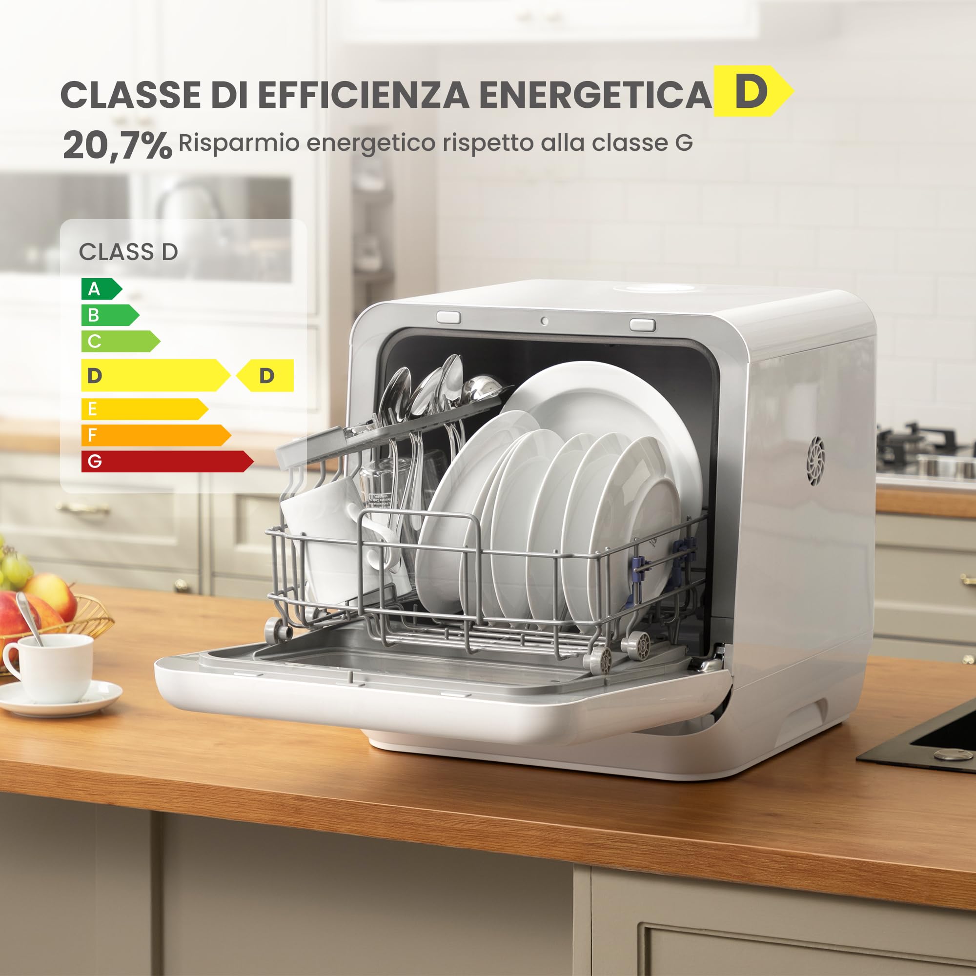 COMFEE' Mini Lavastoviglie CDWMTO201D(W) Piccola lavastoviglie da tavolo con serbatoio dell'acqua integrato da 5 l, lavaggio a vapore, stoccaggio ventilato, classe energetica D - Bianco