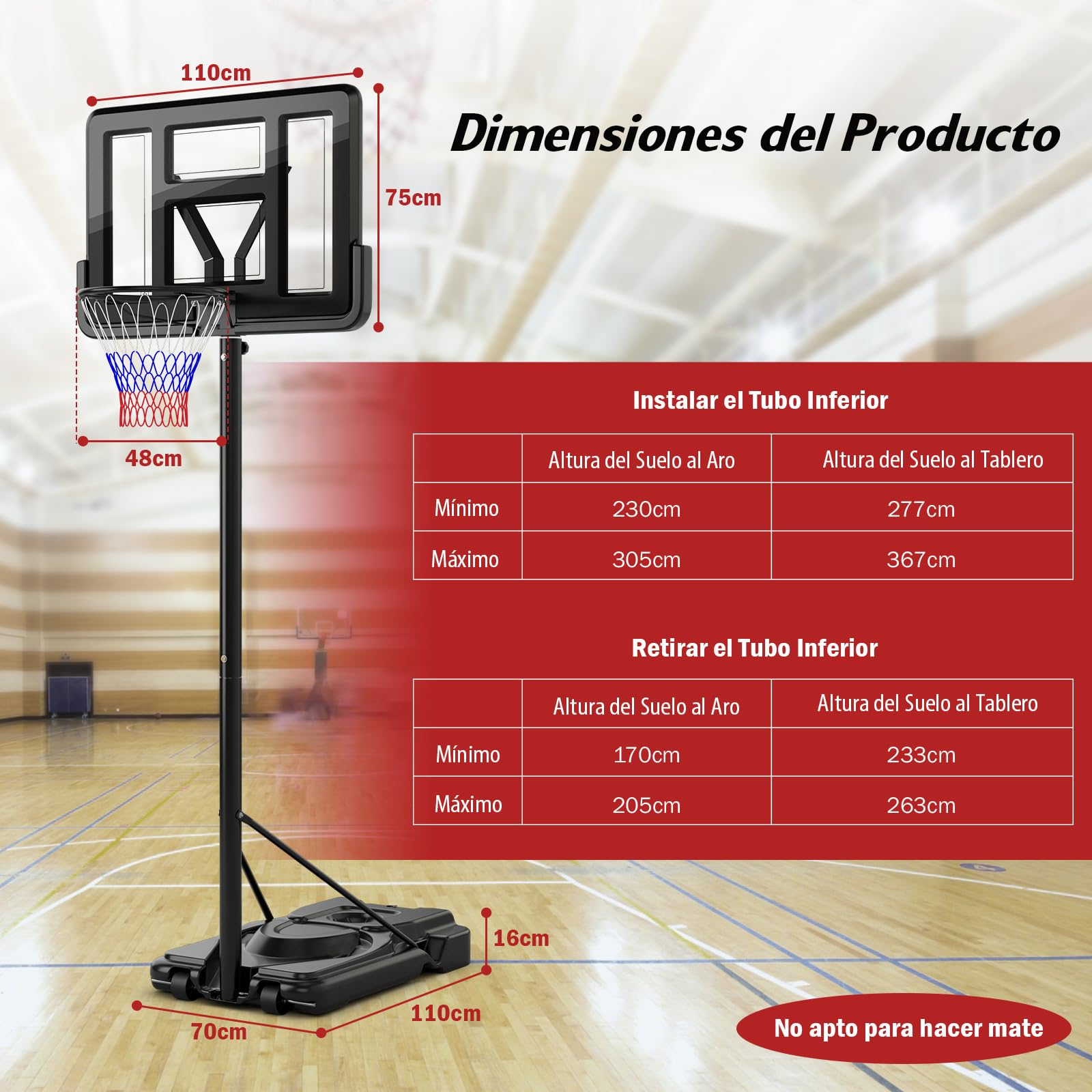 COSTWAY Canasta de Baloncesto Adultos, Altura Ajustable de 9 Niveles, 230-305cm, Aro Baloncesto Exterior con Ruedas, Canasta de Baloncesto Interior Exterior