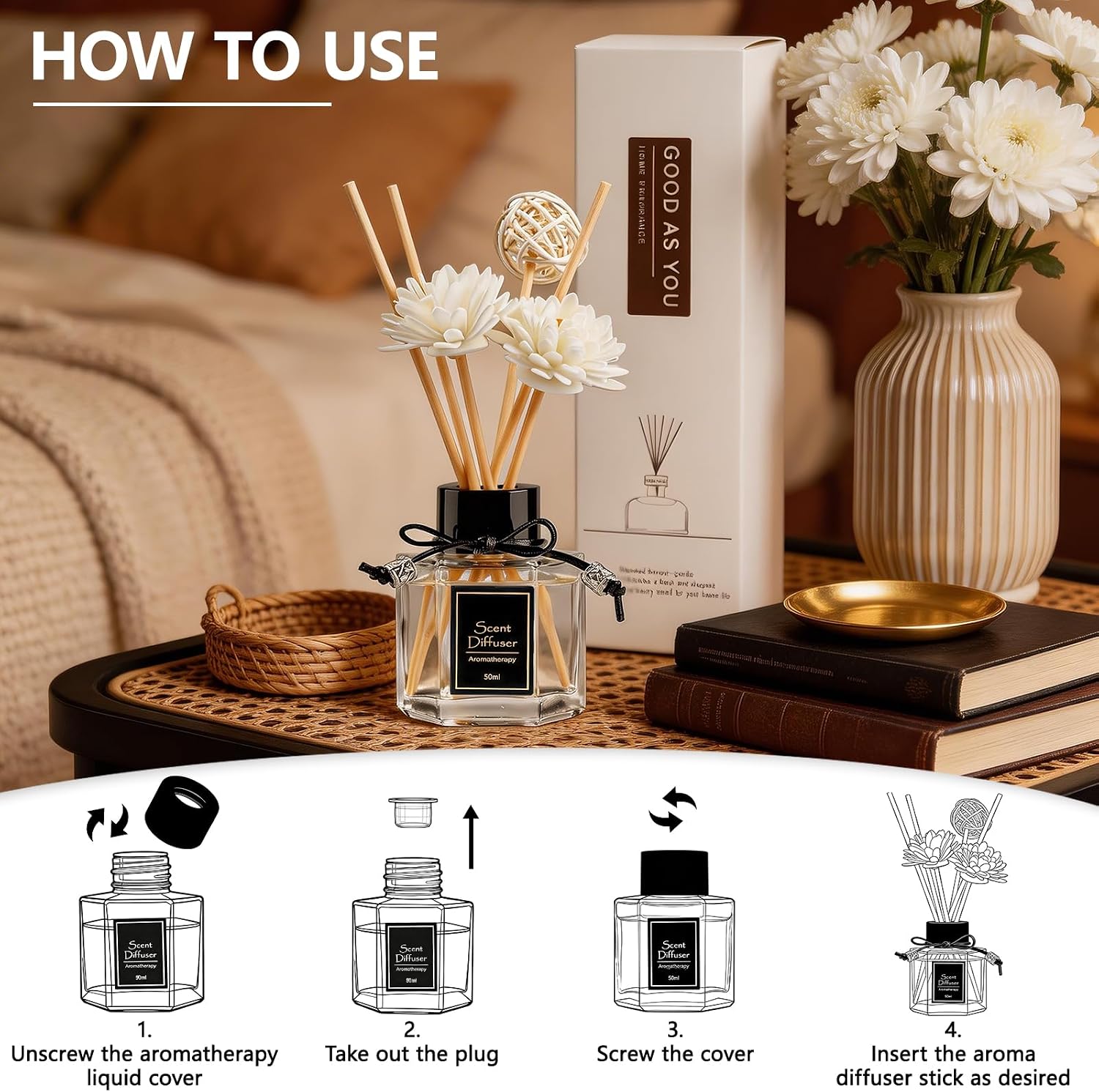 English Pear & Freesia Reed Diffuser 1.7 fl oz, Fruity Floral Home Fragrance, Plant-Based Non-Toxic Essential Oil with 6 Scent Sticks, Long-Lasting Air Freshener for Bathroom & Living Room