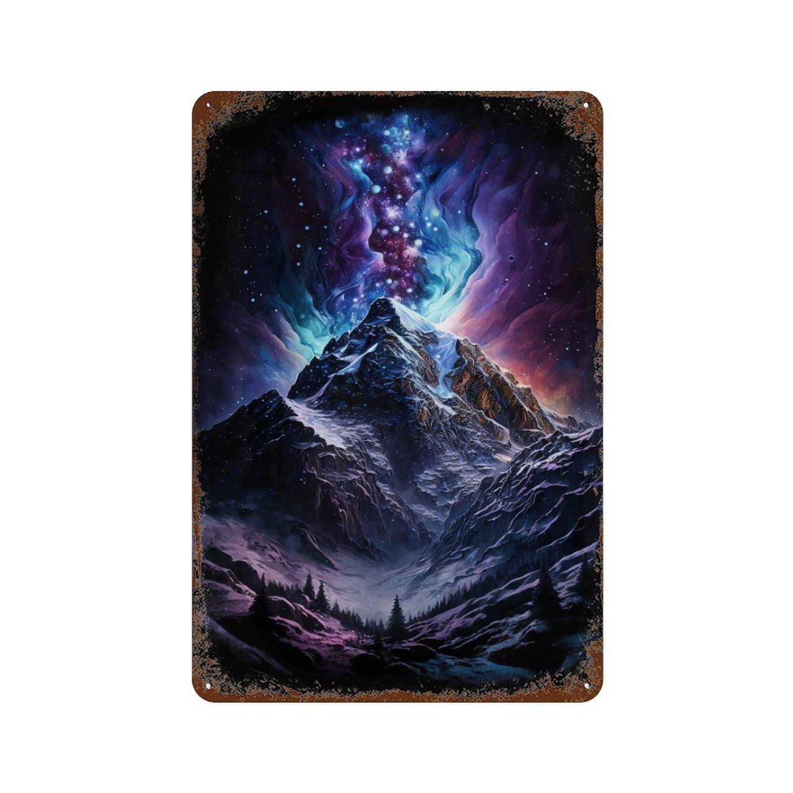 Rust Effect Galactic Mountain Landscape Rustic Tin Plaque 11.8"x7.9", Classic Wall Plaque for Shed, Workshop And Garage Wall Decor
