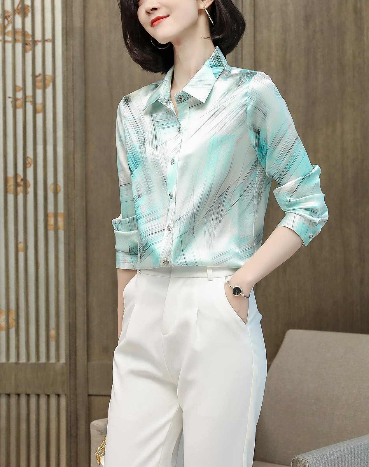 E-girl Blusa de seda para mujer con estampado de botones, blusa de manga larga con solapa de seda, S9077