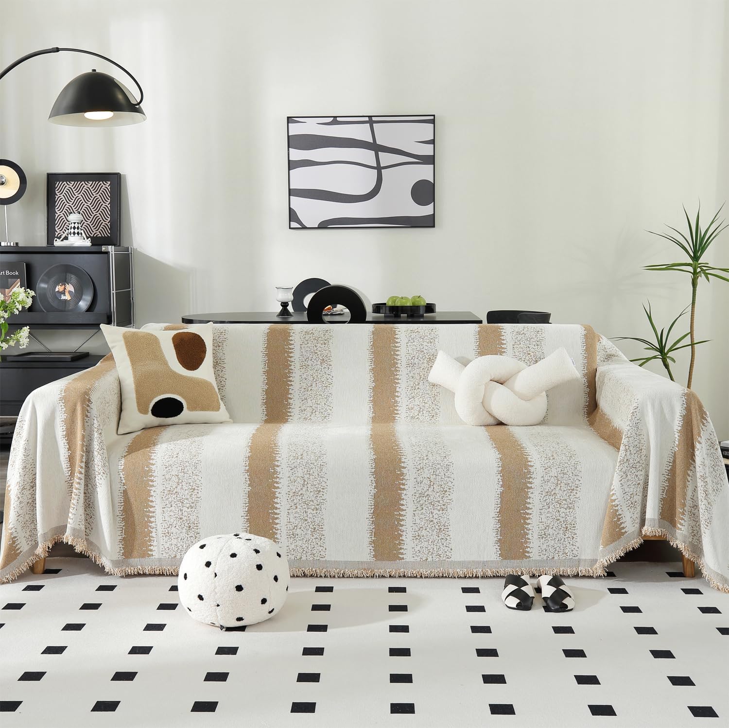 Booque Valley Boho Couch Cover Oversized Striped Chenille Slipcover for Sofa Soft Washable Pet Friendly Pill-Resistant Reversible Couch Protector for Living Room (Large, 72" x 120", Khaki and White)