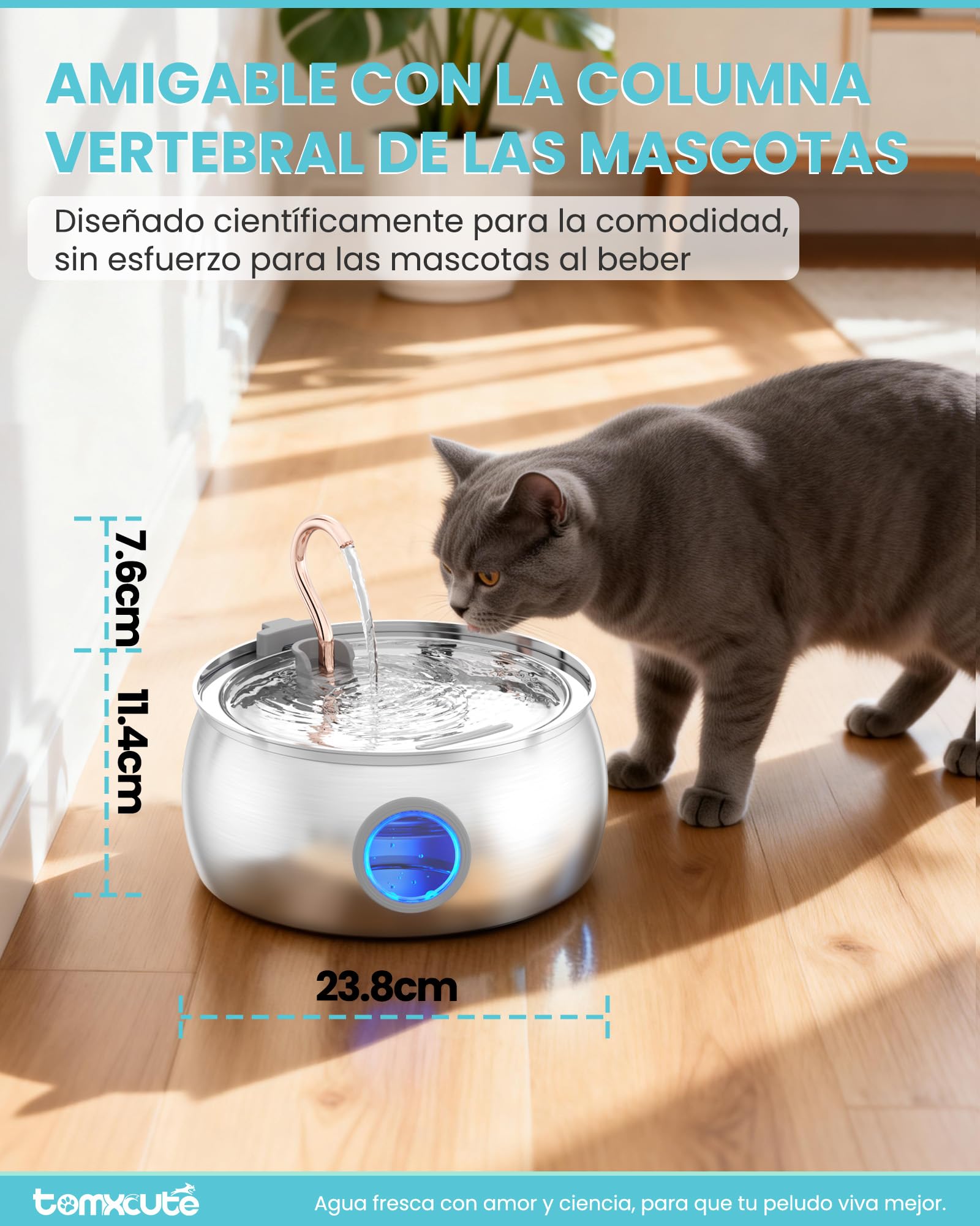 TOMXCUTE Fuente Gatos 4L con Nivel Visible para Varias Mascotas | Bomba silenciosa con cuello de cisne y 3 filtros para agua limpia y fresca cada día