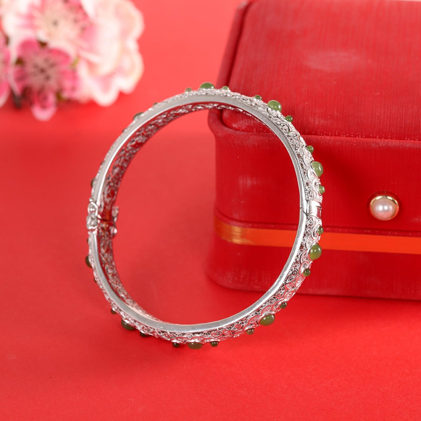 Braccialetti d'argento, braccialetti da braccialet Bracciale rigido traforato in argento sterling S925 con diaspro, artigianato tradizionale, accessorio perfetto for l'appuntamento